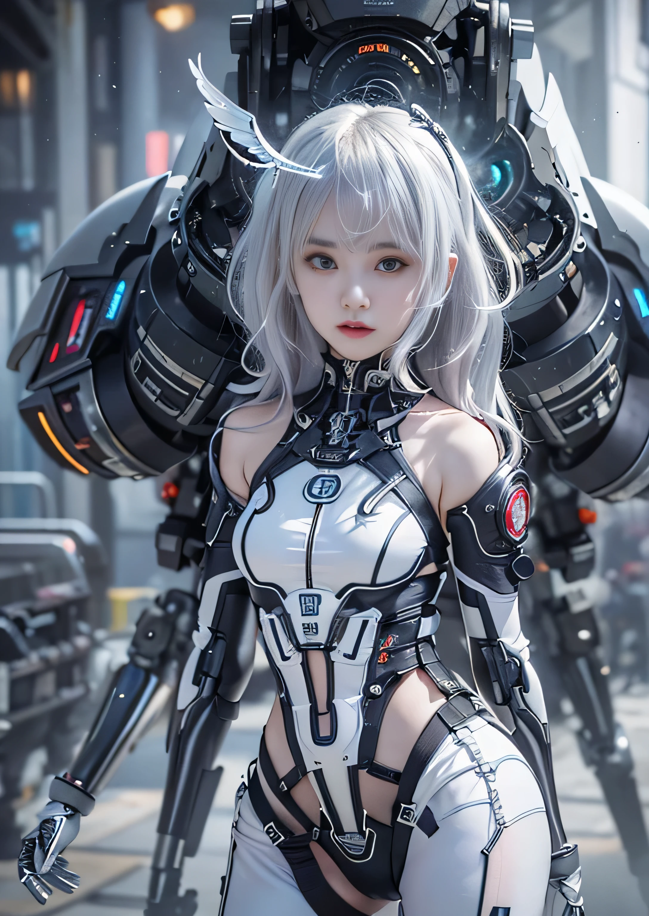 highest quality、master piece、超A high resolution、(Photoreal:1.4)、Raw photo、Combat Robot Angel、white porcelain body、Acrylic transparent cover、white hair、glowing skin、1 cyborg girl、((Ultra realistic details))、porate、global illumination、Black Shadow、octane rendering、8K、super sharp、character edge light,Huge 、Bare skin exposed between the breasts、side boo boo, Underboo Boo, The lower abdomen is exposed, thin pubic hair, intricate decorative details、Gothic ****ta details、hydraulic cylinder、Small LED Light、very intricate details、realistic light、purple eyes、shining eyes、towards the camera、neon light details、cowboy shot、futuristic headgear、About the Floor Plan《cyberpunk characters》、、