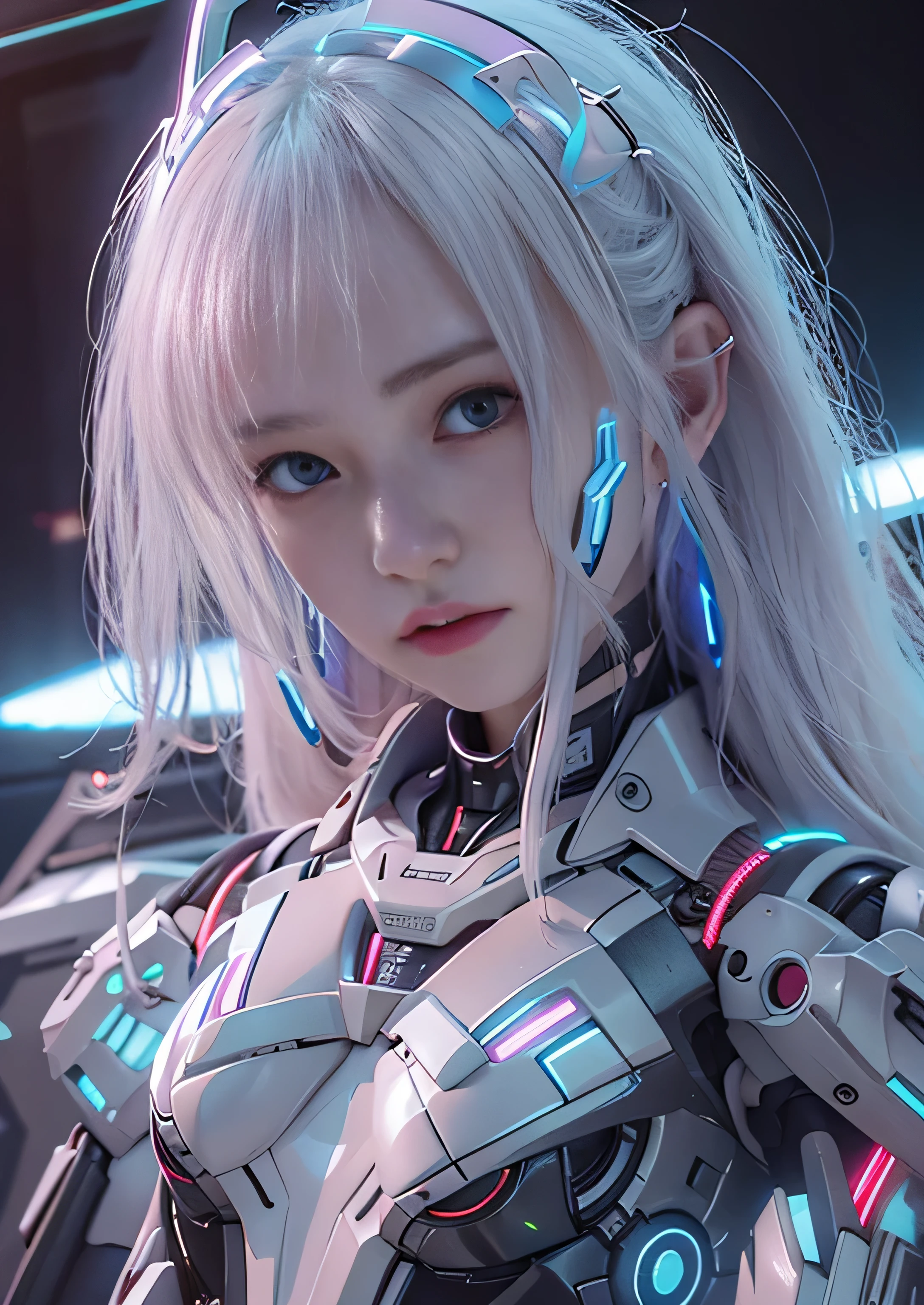 highest quality、master piece、超A high resolution、(Photoreal:1.4)、Raw photo、Combat Robot Angel、white porcelain body、Acrylic transparent cover、white hair、glowing skin、1 cyborg girl、((Ultra realistic details))、porate、global illumination、Black Shadow、octane rendering、8K、super sharp、character edge light,Huge 、????????? exposed between the ???????、side boo boo, Underboo Boo, The lower abdomen is exposed, thin pubic hair, intricate decorative details、Gothic Lolita details、hydraulic cylinder、Small LED Light、very intricate details、realistic light、purple eyes、shining eyes、towards the camera、neon light details、cowboy shot、futuristic headgear、About the Floor Plan《cyberpunk characters》、、