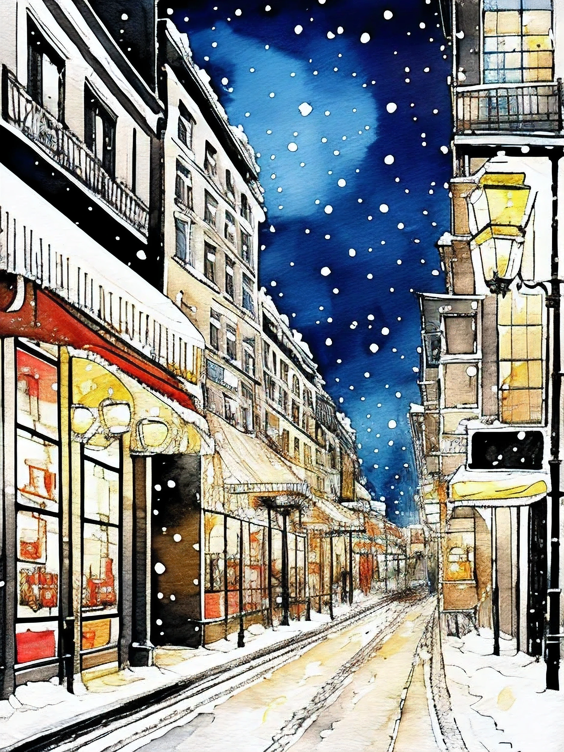 The snow-covered streets,The buildings are illuminated by streetlights,The streets of Paris,Stylish cut, postcard, artistic,Scribble style,Clear, bold, thick outlines, fashion design sketch, female,Slim tail,Rough coloring, watercolor painting