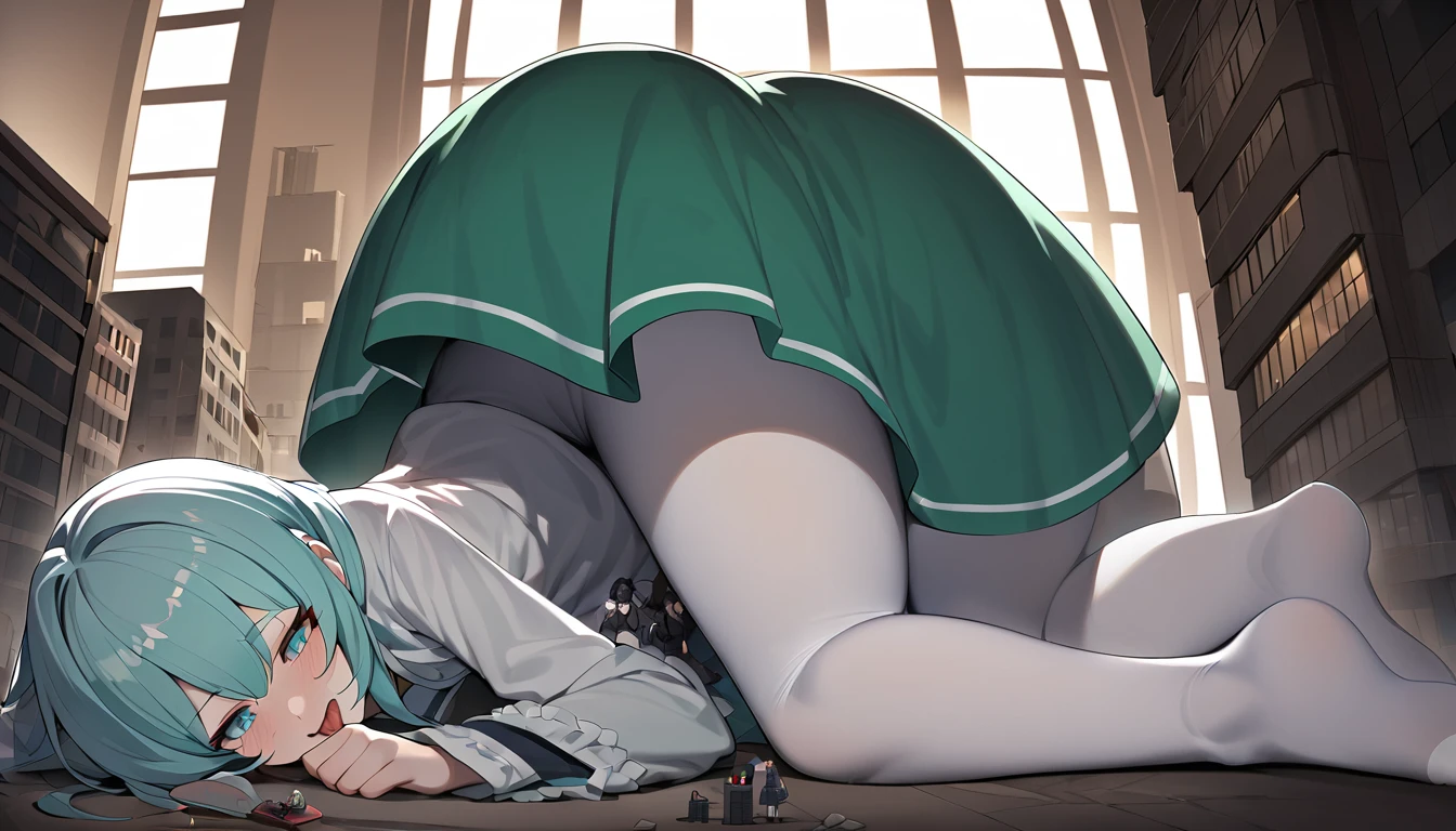 huge， girl，short skirt，teasing，A giant girl taller than a building，Wear white pantyhose，Toyed around，shrouded in the villain，Lying on his stomach，Face down，Licking the miniature building，Toyed around，low angle of view，arroganthuge，Light cyan hair，Teenage girl，short skirt，Teasing the villain，A giant girl taller than a building，arrogant,Those who don't wear shoes,