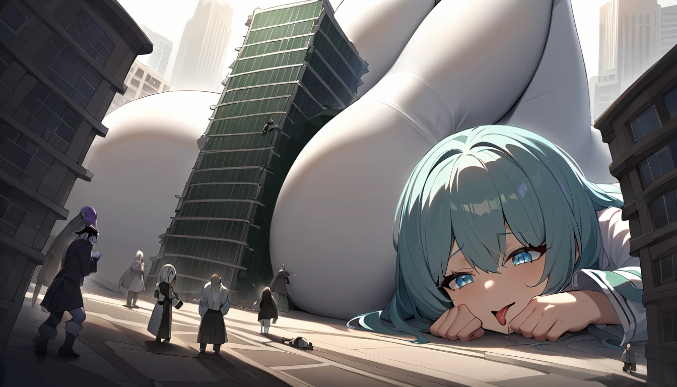 huge，Teenage girl，short skirt，teasing，A giant girl taller than a building，Wear white pantyhose，Toyed around，shrouded in the villain，Lying on his stomach，Face down，Licking the miniature building，Toyed around，low angle of view，arroganthuge，Light cyan hair，Teenage girl，short skirt，Teasing the villain，A giant girl taller than a building，arrogant,Those who don't wear shoes,