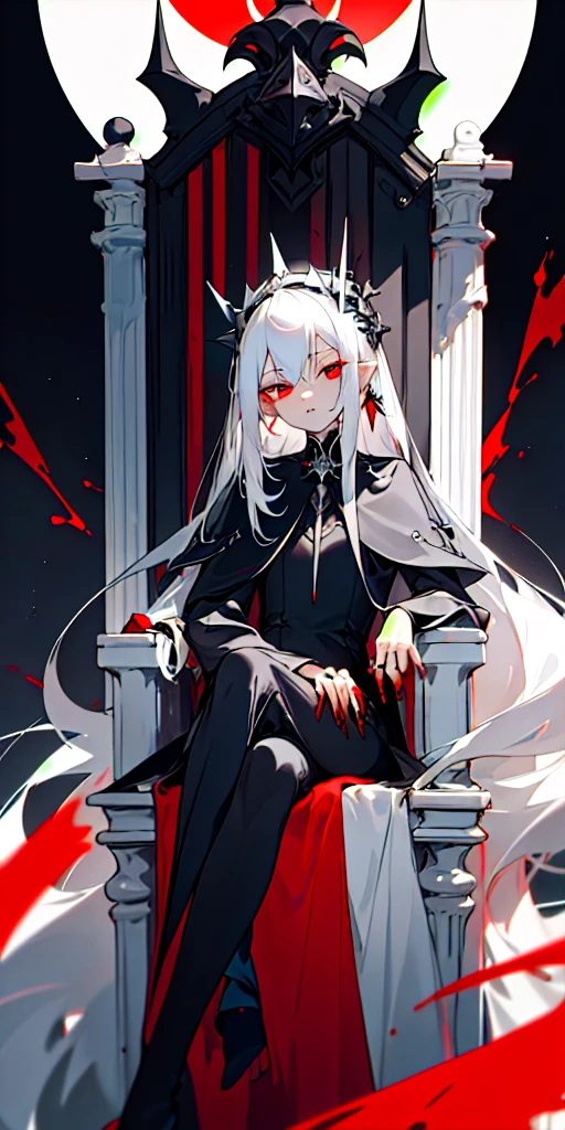 (masterpiece, best quality),1girl of 18 years age with long white hair, has blood red eyes wearing a black and white mix dress and in one ear wearing a small Rosario And to her right is a silver hair boy with blue eyes wearing a black suit and white coat and sitting on a throne of azure flames 