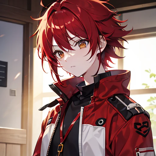 red hair、short hair、golden eyes、active、messy hair
