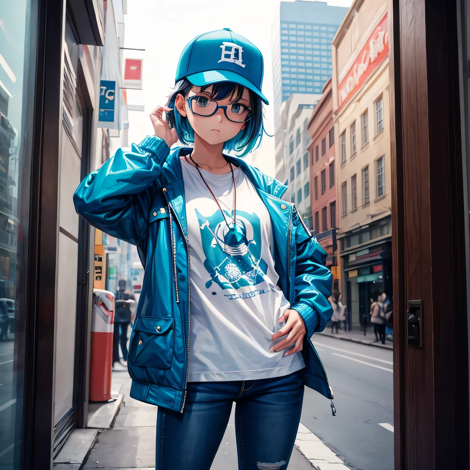 Tomboy girl wearing a jacket, standing up, looking at the camera, wearing glasses, wearing baseball hat, cyan hair color, wearing long jeans