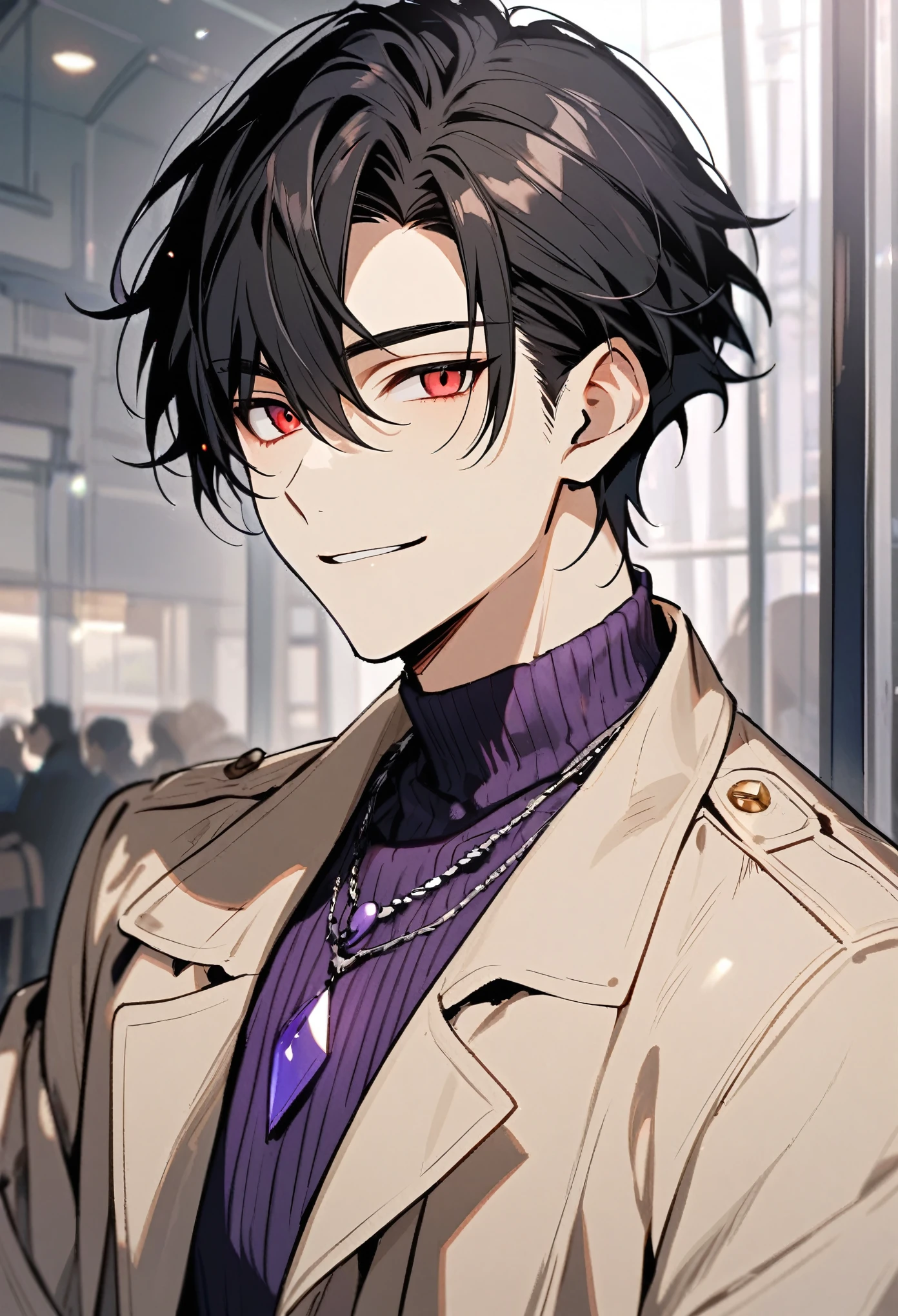 Handsome, solo, 1 male, short hair, black hair, red eyes, white shirt, light brown coat,smile facial, purple necklace