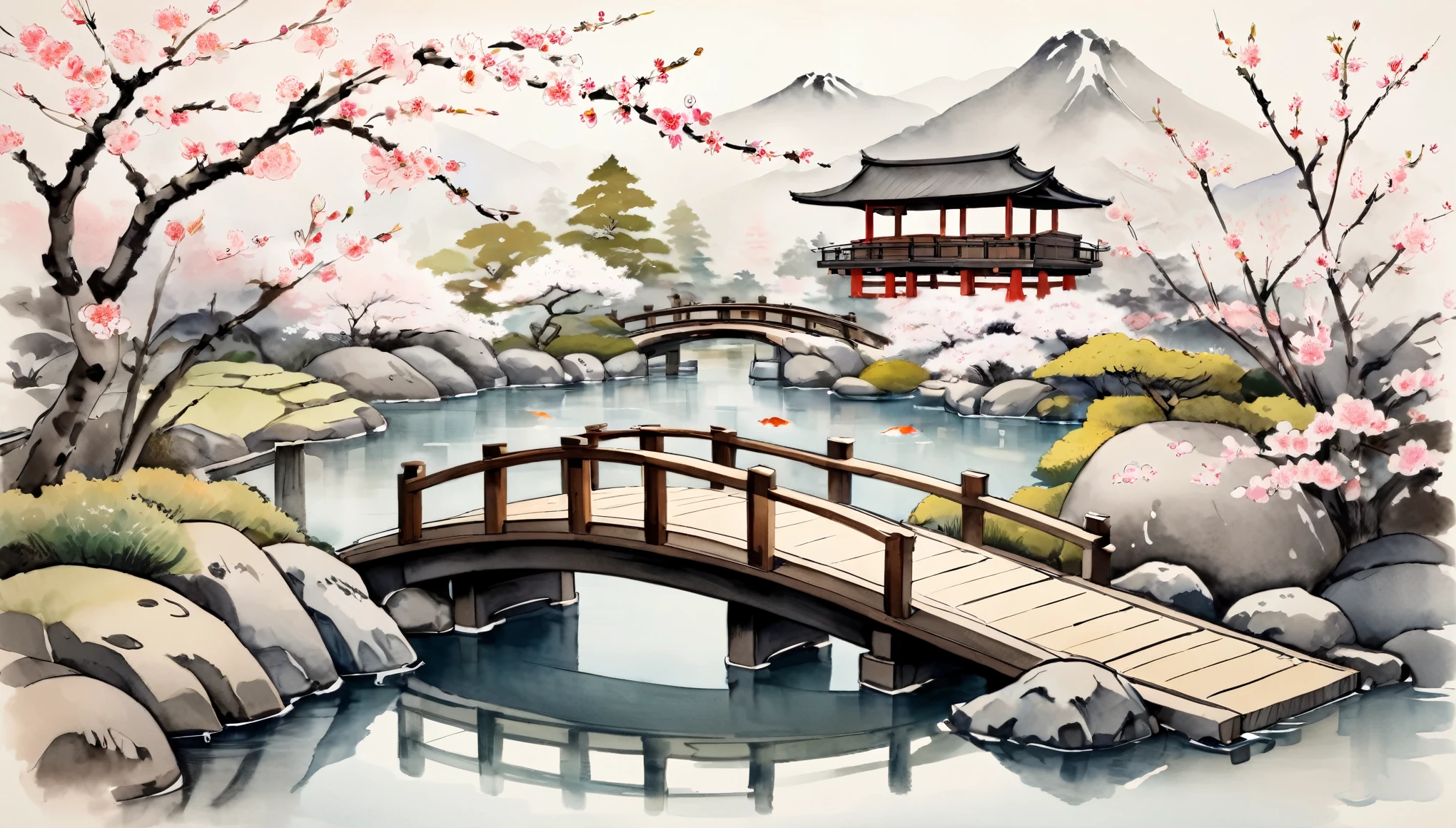 A tranquil Japanese garden in the style of Ukiyo-E, with delicate cherry blossoms and a wooden bridge over a koi pond, rendered in soft Japanese ink washes reminiscent of artist Hiroshige.