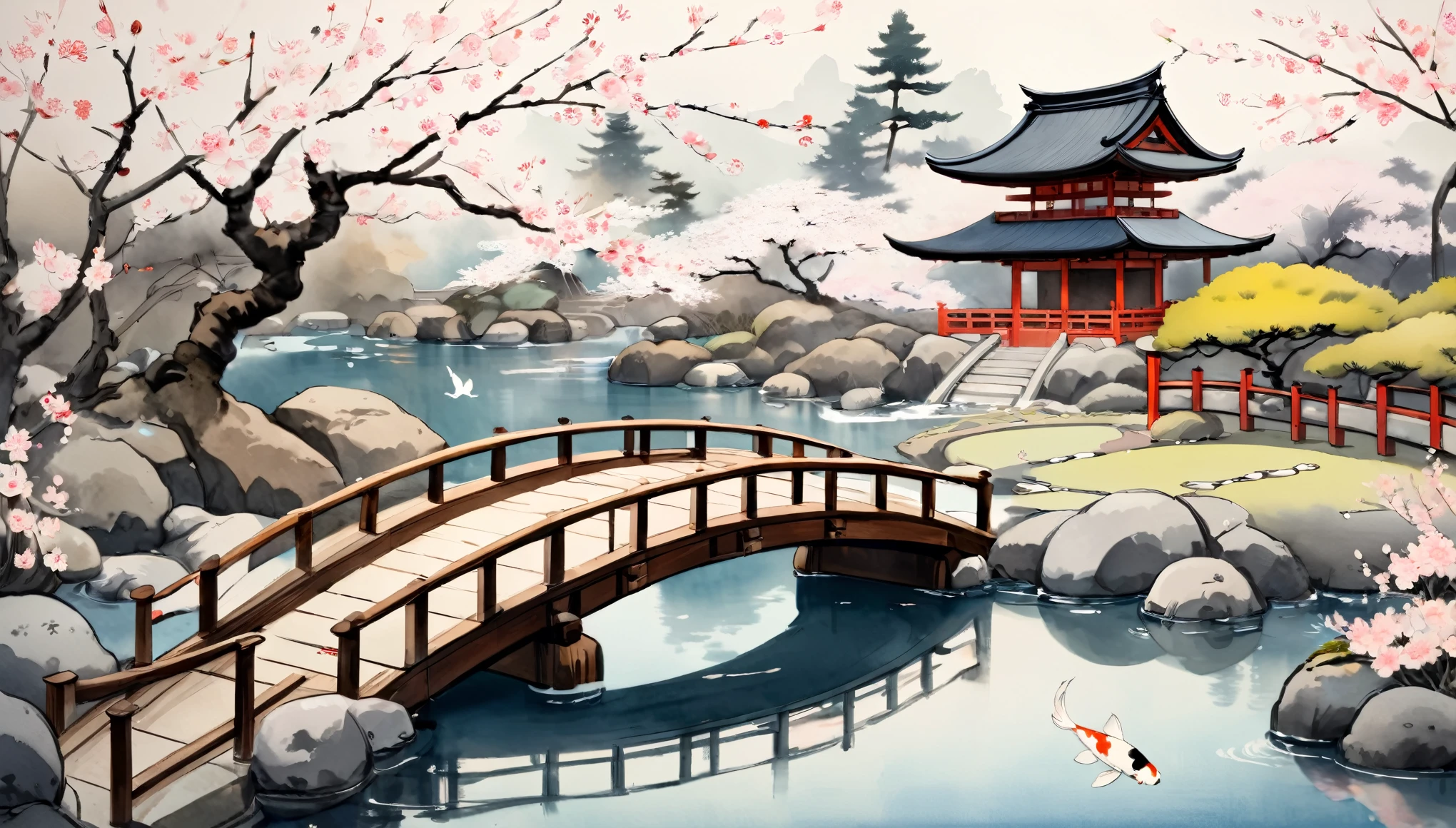 A tranquil Japanese garden in the style of Ukiyo-E, with delicate cherry blossoms and a wooden bridge over a koi pond, rendered in soft Japanese ink washes reminiscent of artist Hiroshige.