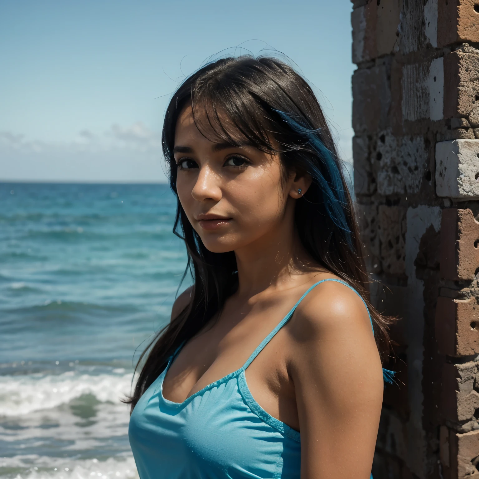 1 chica,solo,cielo azul, ocean, falda corta, coleta, modelo(fondo muy detallado:1.0), (Fondo muy detallado:1.0),