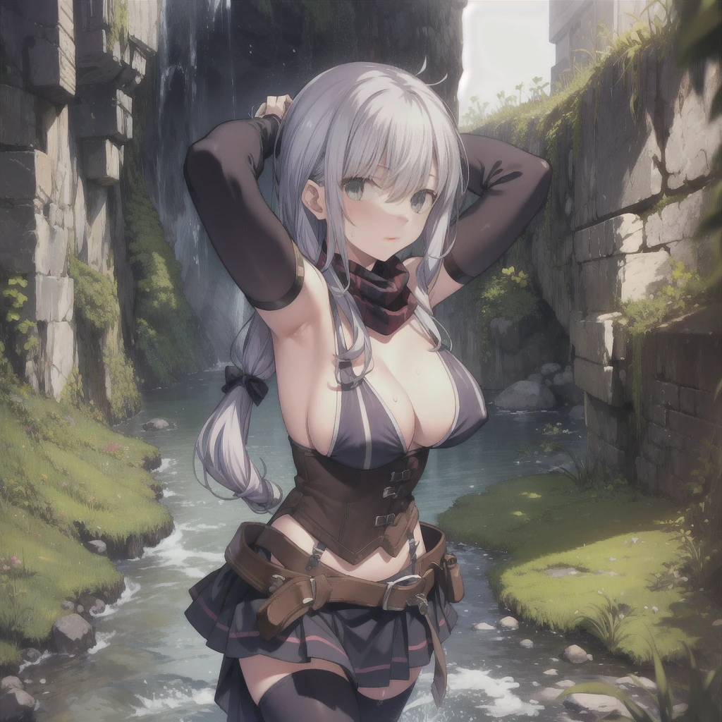 master masterpiece, best quality, Stuck in the ground, spread legs, view audience, 1man's daughter, night background、cave, ancient ruins, rocky ground, Claire Rathbird, long ponytail, ribbon in hair, Striped scarves, black dress, corset, belt, fingerless gloves, thigh boots, erotic,, Sexy,belly button, open outfit, panty shot、White panties exposed、huge breasts、side boob、Green bra、bra exposure、short skirt、pull up the skirt、wide open cleavage、Underkin exposed、blush、surprised expression、sweaty skin、takeuchi takashi,