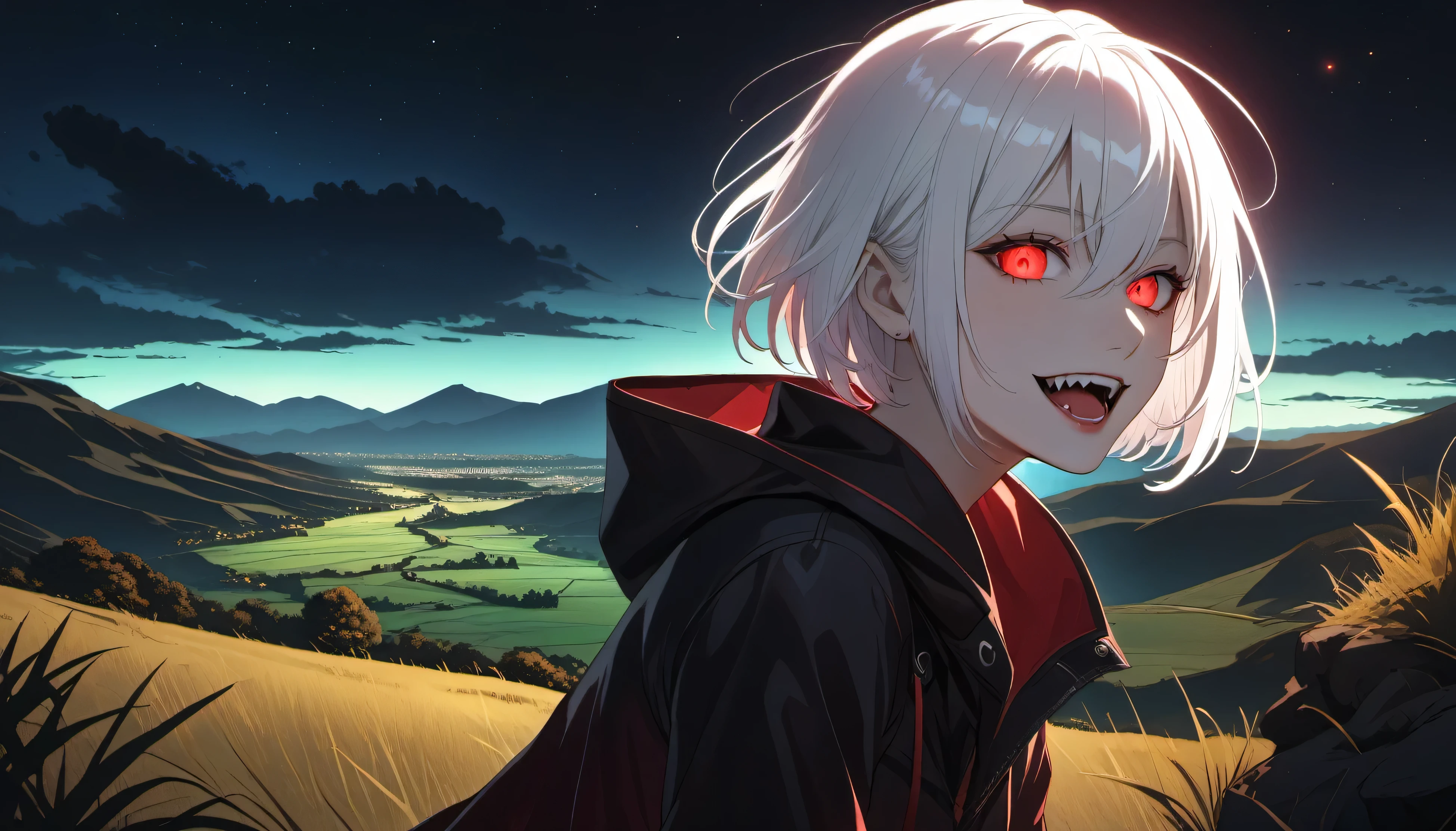 1 girl, alone, looking at viewer, smile, short hair, open mouth, red eyes, 1 boy, hair between eyes, white hair, teeth, tongue, shiny, colored skin, fangs, landscape, glowing eyes, full body, eye Bright, Darker Light
