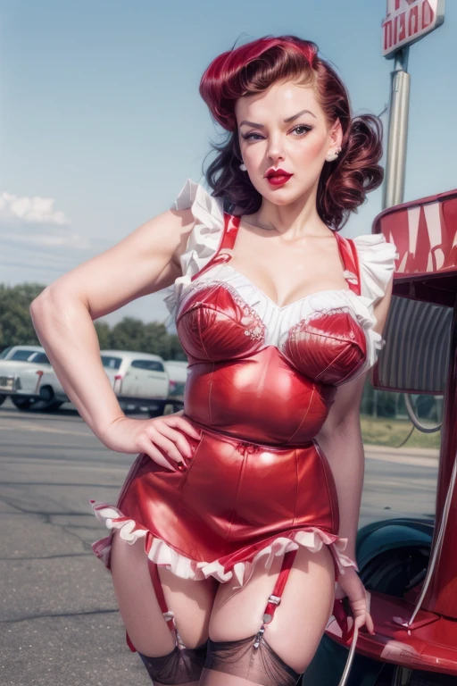 (((Vintage PinUp Girl standing at the gas station trying to fill up a hot rod, wind is blowing up the Lapel Dress), knees pressed together, visible nylons and garter belts, embarrassed face, astonished face, frightened face: 1.5))), (1Gas station tries to help: 1.3), Long curly sopper hair, big eyes, long eyelashes, amazed face, very sexy, high heels sandals, tight waist, silky skin, doll like face, shiny red lippstick, shiny red fingernails, (tries to help, (windy hair: 1.2), Ruffles, frilly Panties, Insert the tap into the tank nozzle
