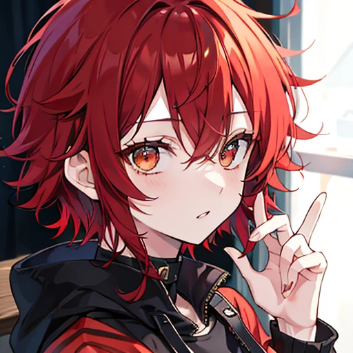 red hair、short hair、golden eyes、active、messy hair、bad