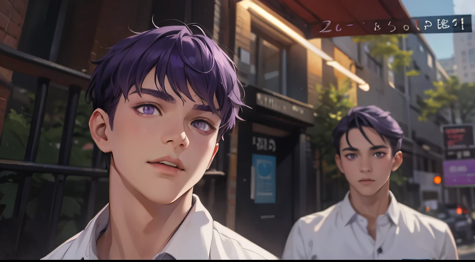 teenage man at school purple eyes purple hair