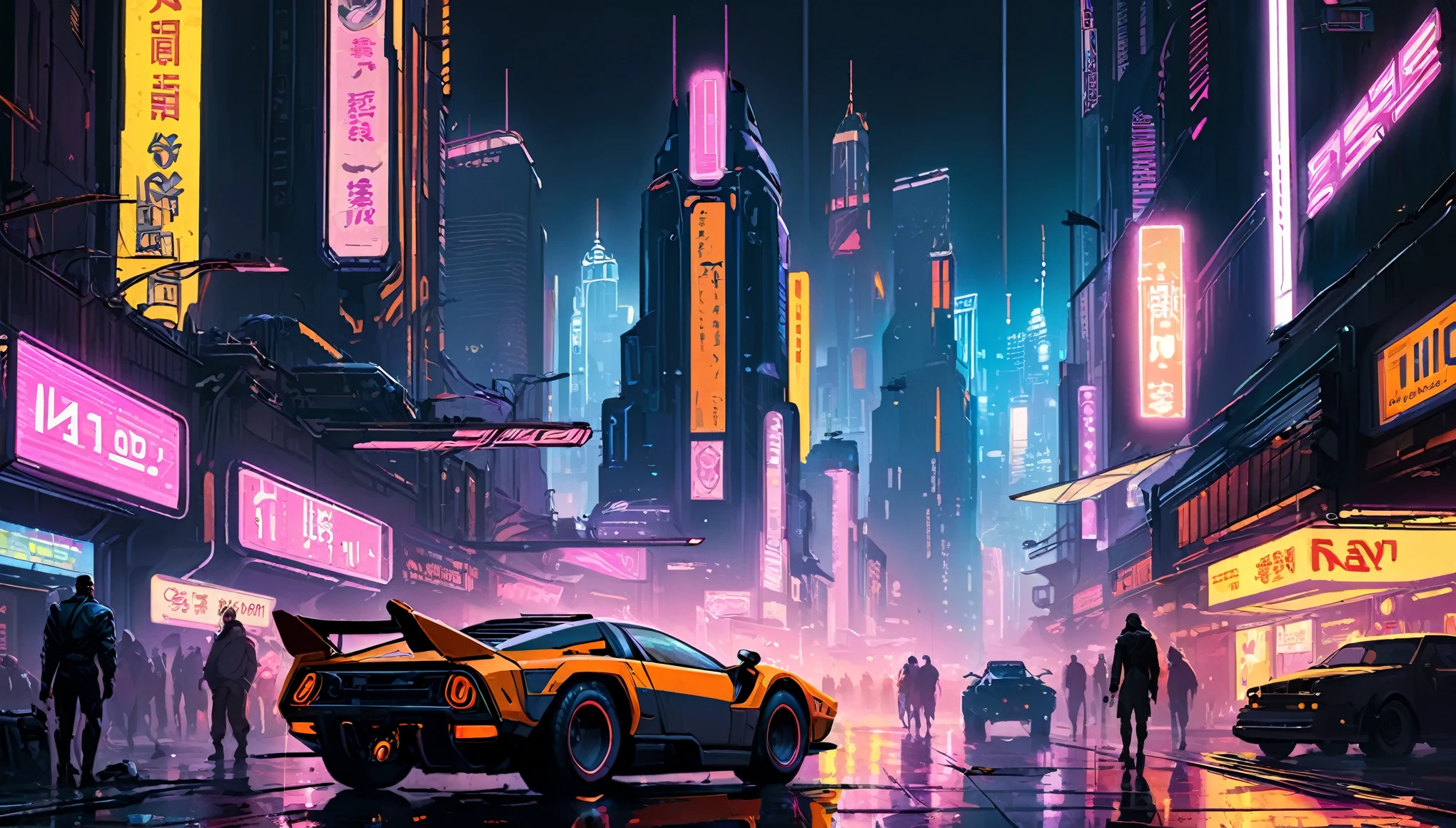 A gritty, futuristic cityscape bathed in vibrant neon lights, with towering skyscrapers and flying vehicles, in the style of classic cyberpunk works like Blade Runner and Neuromancer.