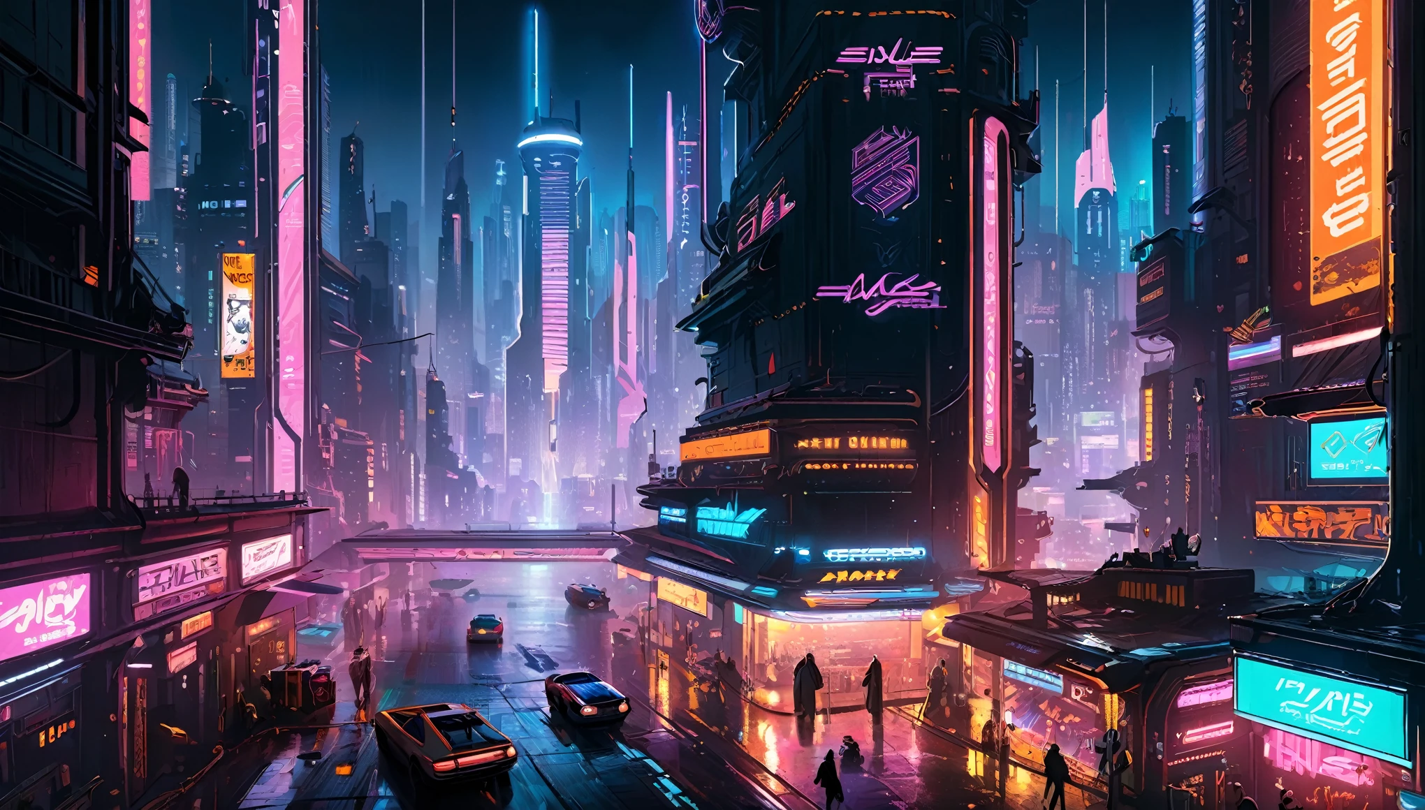 A gritty, futuristic cityscape bathed in vibrant neon lights, with towering skyscrapers and flying vehicles, in the style of classic cyberpunk works like Blade Runner and Neuromancer.