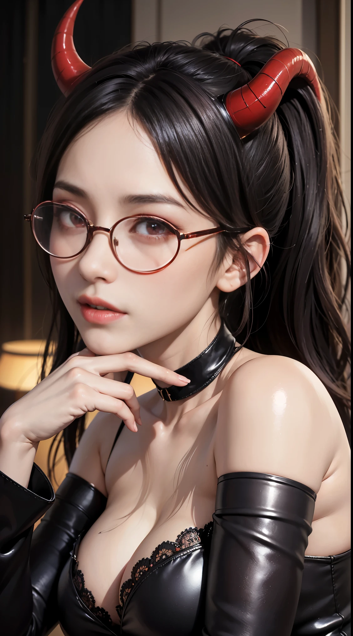 got itですか、(best illustration)、8k UHD resolution、intricate details、highest quality、realistic、Super detailed、best writing、best shadow、soft lighting、ultra hd、Super realistic、Tyndall effect、Photoreal、(high detail skin:1.2)、 (intricate details, compensate, face to face with the children_V1:0.5), (Beautiful and delicate face in every detail, got it, beautiful and delicate eyes, perfectly proportioned face, high resolution skins, fine skin, Optimal ratio of 4 fingers and 1 thumb, arm under ?????, red tattoo on lower abdomen、wonderful、wonderful, wide ????, smooth abdomen, thin and thin skin, __fashion__, __hair__:1.25)、Digital single-lens reflex camera、 absurd、1 Beautiful devil woman from hell, デヴィッド・ホックニーとアルフォンス・ミュシャによる超realistic女性のポートレート, Portrait of a seductive woman、fantasy art, Chinese humanoid robot、chinese actress、dungeon、dragon、devil'palace of、devil'??????? chamber、night、dark style 、in the dark、(detailed spooky background:0.8), magic、 1 girl、evil nun、dark necromancer、Succubus、devil'Daughter of、Umi Shinonome、bat wings，(((devil'Horn)))、 ((((giant glasses, otaku glasses, thick glasses, round glasses)))),(((???????????)))、(devil'tail)、(red eyes shine:1.6)、red eyesには、Very clear and detailed makeup, your eyes are so beautifully made, ((red eyes:1.0)),intricate tattoo, demonic intricate tattoo, thigh tattoo, body tattoo, masterpiece、the most beautiful face、baby face、cute smile、seductive bodyとふっくらとした美しい赤い唇、devil'seductive body、devil style、enchanting black magic costume、(((光沢のある赤い蛇が彼女body ofに巻き付いています)))、The long-haired、Braid、Black hair、Ponytail distortion、, Ponytail with a bow tied at the back of the hair, beautiful expression、body up、??????????? emphasis、bust,  super tight ?????, ?????? augmentation surgery, ??????? are very big and round,tight waist、wide ???、 secret key, cowboy lens, (red phoenix dress: 1.0),  devil'Crown of,  Red Gemstone Necklace、Jewelry Gwise,  wearing black mesh socks,wearing a thin red and black robe, Pull the straps with your hands to reveal your ???? ???????, Close-up of the main character, nffsw, nffsw, Meeting beautiful girls, look at the girl'body of,