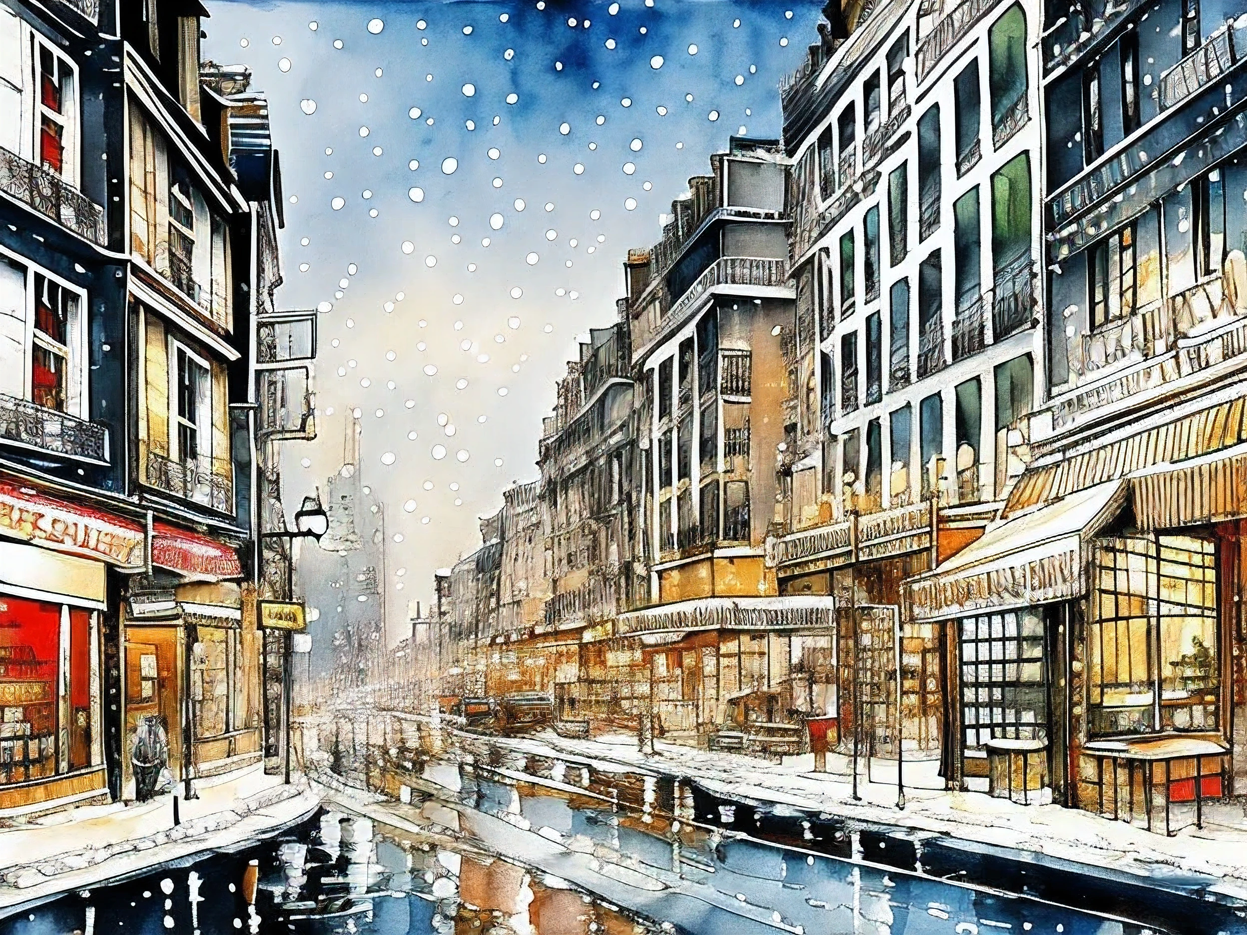 The snow-covered streets,The buildings are illuminated by streetlights,The streets of Paris,Stylish cut, postcard, artistic,Scribble style,Clear, bold, thick outlines, fashion design sketch, female,Slim tail,Rough coloring, watercolor painting