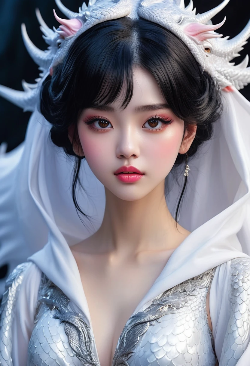 Art can be realized. Woman with jet black hair, cascading down her shoulders、Her beautiful, Exquisitely drawn anime faces, Shining in the cinema lights. Her fair skin and natural cheeks、Silver Dragon Scale, rough skin. Her deep, Anatomically correct eye, She has double eyelids、thin, Ebony Eyebrows., Staring at the Dragon, The lustrous depths reflect the dragon'Captivating jet black eyes.. Her lips, Glossy pink, Give me a little, Her perfect white teeth were revealed. that woman'The hands are delicately painted, Polish the nails of each finger、I can't see your chest,Wearing a white cloak,The blue and white breeze looks thin