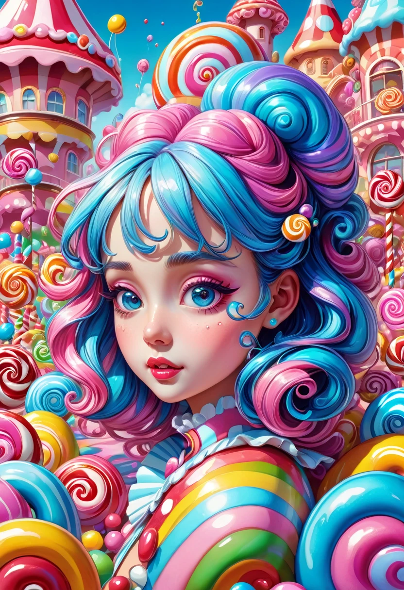 1girl, Candyland, aesthetic, vibrant colors Candyland wonderland gouache swirls detailed Candy art style! Whimsical playful colorful! candy!!! 🍬🍭 Candyland art!! “Hyperrealistic hyperdetailed highly detailed, digital illustration” postmodernism, artstation, poster art, dynamic lighting, cel-shaded, ray tracing reflections