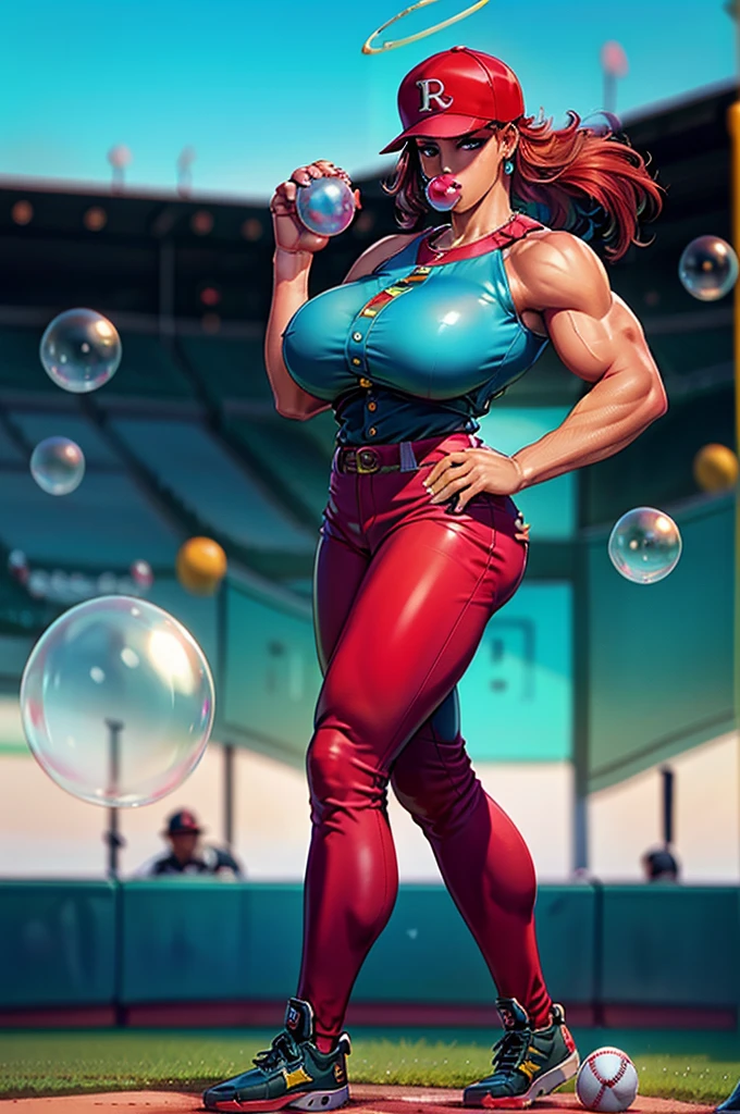 1980's, female, inflating JordanCarver, red hair, blue eyes, makeup, extra long hair, earrings, halo, (blow bubble gum:1.2), (Baseball blue and gold uniform with pants), (blue and gold baseball cleats), (wearing bright red baseball batters cap), (big breasts:1.3), (muscle inflation:0.9), (bulky muscular legs), (bulky muscle:1.1), (blow bubble gum:1.4), pleasurable look on face, standing on outdoor baseball home plate in all female sports stadium, (pitching baseball towards camera)
