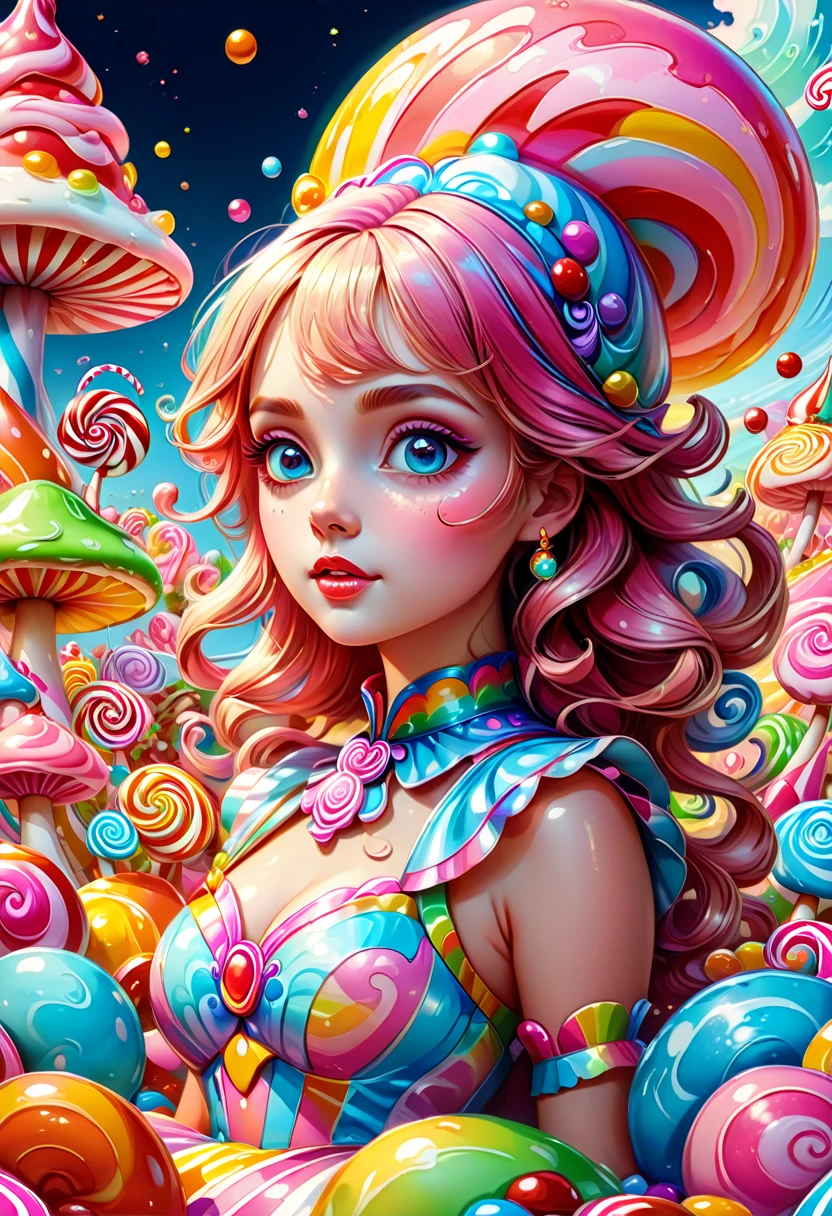 1girl, Candyland, aesthetic, vibrant colors Candyland wonderland gouache swirls detailed Candy art style! Whimsical playful colorful! candy!!! 🍬🍭 Candyland art!! “Hyperrealistic hyperdetailed highly detailed, digital illustration” postmodernism, artstation, poster art, dynamic lighting, cel-shaded, ray tracing reflections