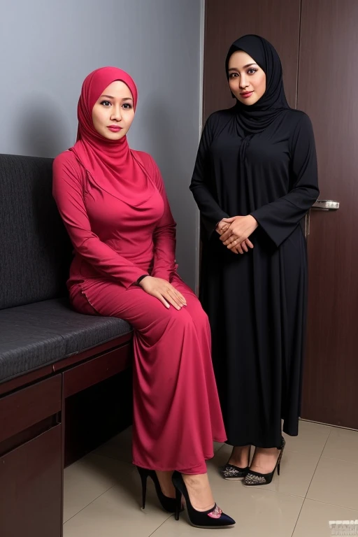 Indonesian milf, 40 years old, hijab, gamis, big breast at doctor office, Dark light, at Nighttime, high heels, Seductive face.(full camera body)