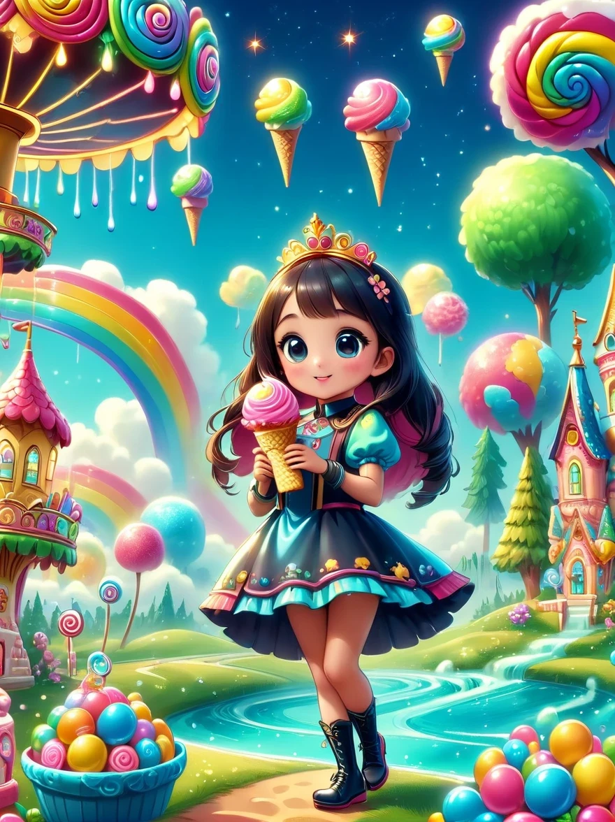 Disney World full of candy(Candy Princess:1.5),Beautiful Candy Princess,cute princess,beautiful big eyes, mischief_Smile, charming_full outfit, A full of fantasy candy wonderland,Vibrant,Colorful,Glittering sugar sculptures,Lollipop tree,Candy Cane Road,cotton candy cloud,A magical castle made of candy,candy fountain,Candy Rainbow Sky,The air is filled with laughter,A candy carousel,There are gummy bears and licorice horses,Candy theme rides and attractions,A chocolate river flows through the park,Candy theme characters,Ice Cream Hill,Bubblegum Beach,Candy wrappers blowing in the wind,A candy theme with confetti made of candy,Candy Princess dancing in a candy dress,Candy theme's fireworks lit up the night sky,The air is filled with a sweet aroma,Treasure those sugar-coated memories。(best quality,Super detailed,Reality,vivid colors,high dynamic range,candy theme,Full of fantasy,Vibrant,Magical Lights)
