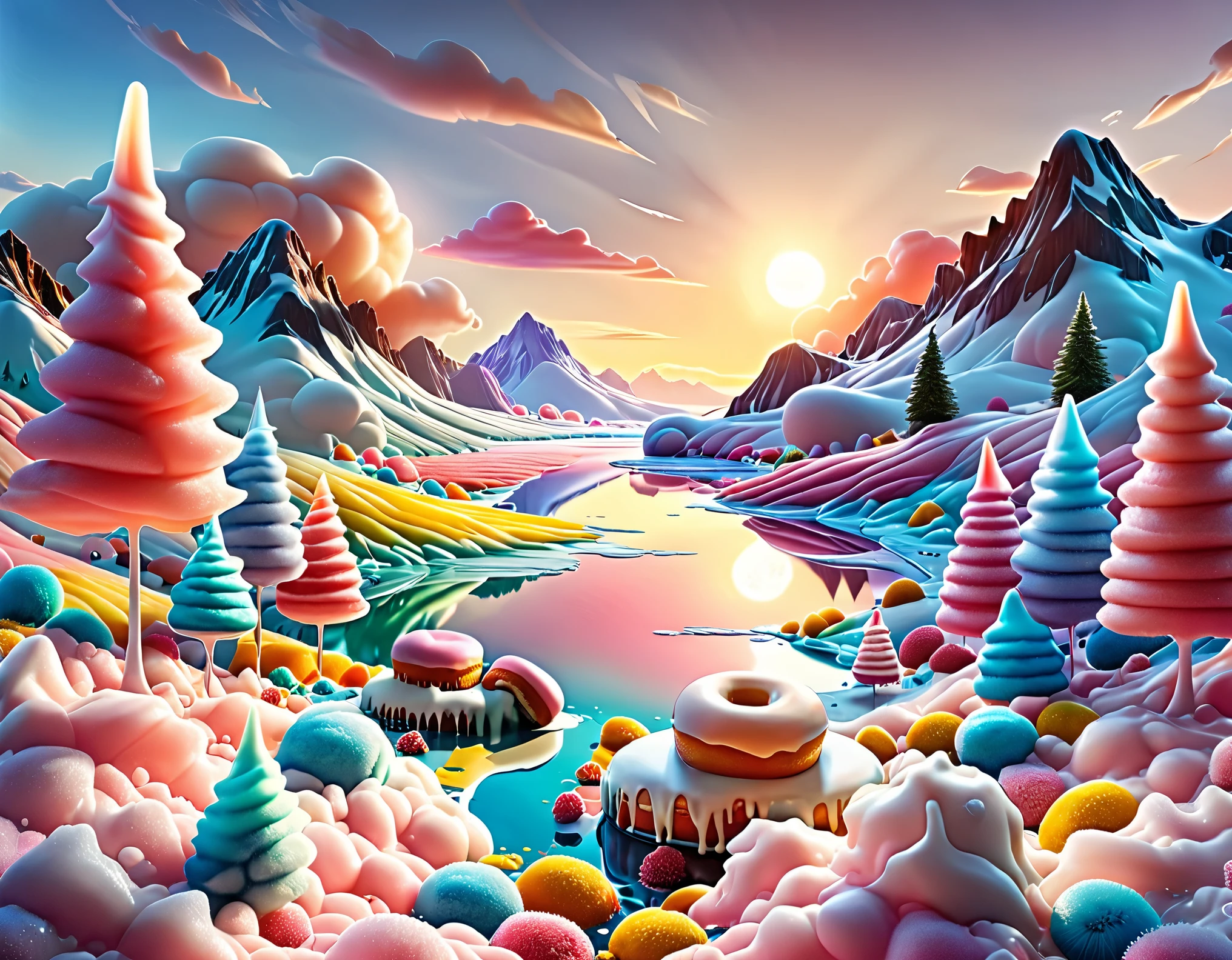 ((beautiful candy planet, floating in gelatin, you can see popsicle trees, rivers of icing, mountains of cakes, epic: 1.7)), long shot: 1.4, (masterpiece: 1.5), (Best quality: 1.6), (ultra high resolution:1.4), ((landscape, vibrant colors, sunrise, donut-shaped sun:1.7)), (( magical, Beautiful, dreamy idyllic:1.6 )), (( Best quality, vibrant, 32k, clear and well-defined shadows, sharpness in the image: 1.6)).