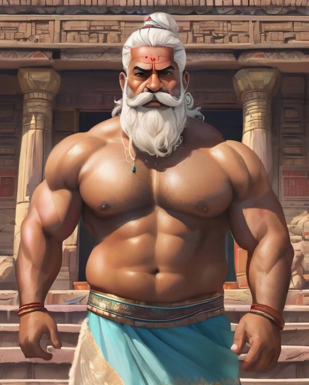 extremely detailed, detailed face, detailed eyes, detailed big muscles detailed fat , (view realistic ????? full body), ((1man)), (object (big belly indian older big penis cock bulge testicles balls lungi manly bear hairy body thick legs rugged hairy naked standing with face up alpha stern expression inside indian temple )), wearing traditonal indian clothing (big thick, hefty build, big muscle, facial hair, white moustache, alpha strong man face thick hair, white hair, strong character, strong muscle), (background (sunny , indian temple Garden)), (photography (50mm lens, cinematic, cinematic color)