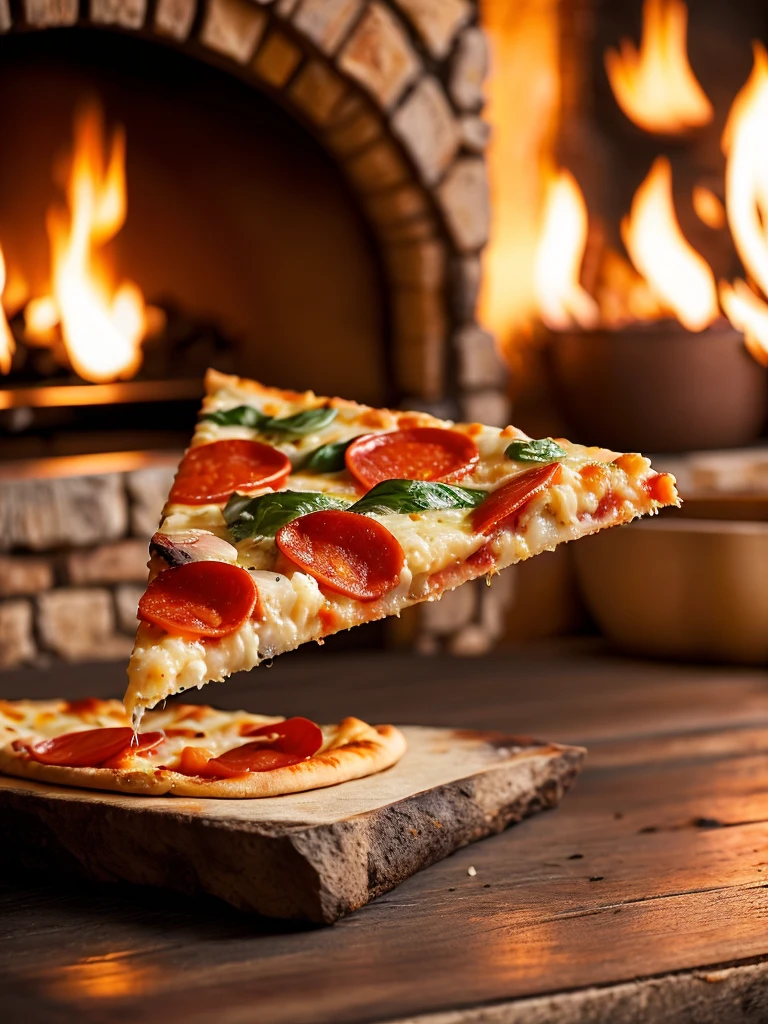 Macro photo of a slice of delicious pizza in front of a stone oven, fire oven, light it fire, food photography, advertising photography, macro crisp quality, warm colors, soft light, extremely detailed, beautiful, establishing shot, artistic, hyperrealistic, octane render, cinematic lighting, dramatic lighting, masterpiece, light brazen, extremely detailed