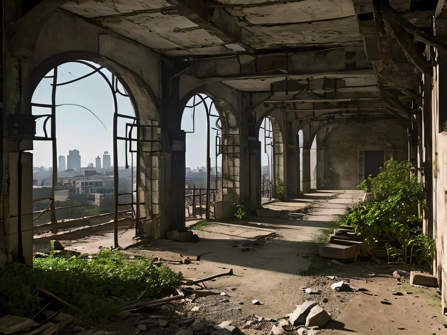 Exposed concrete walls stand in a row, partially collapsed. Latticed windows are distorted, doors damaged, as nature encroaches on the buildings. Weeds and vines crawl up the gaps, entangled with withered branches. The ground is desolate, scattered with pebbles and decaying leaves. The cracked sky is somber, an oppressive atmosphere prevailing.
Please draw such a scene.