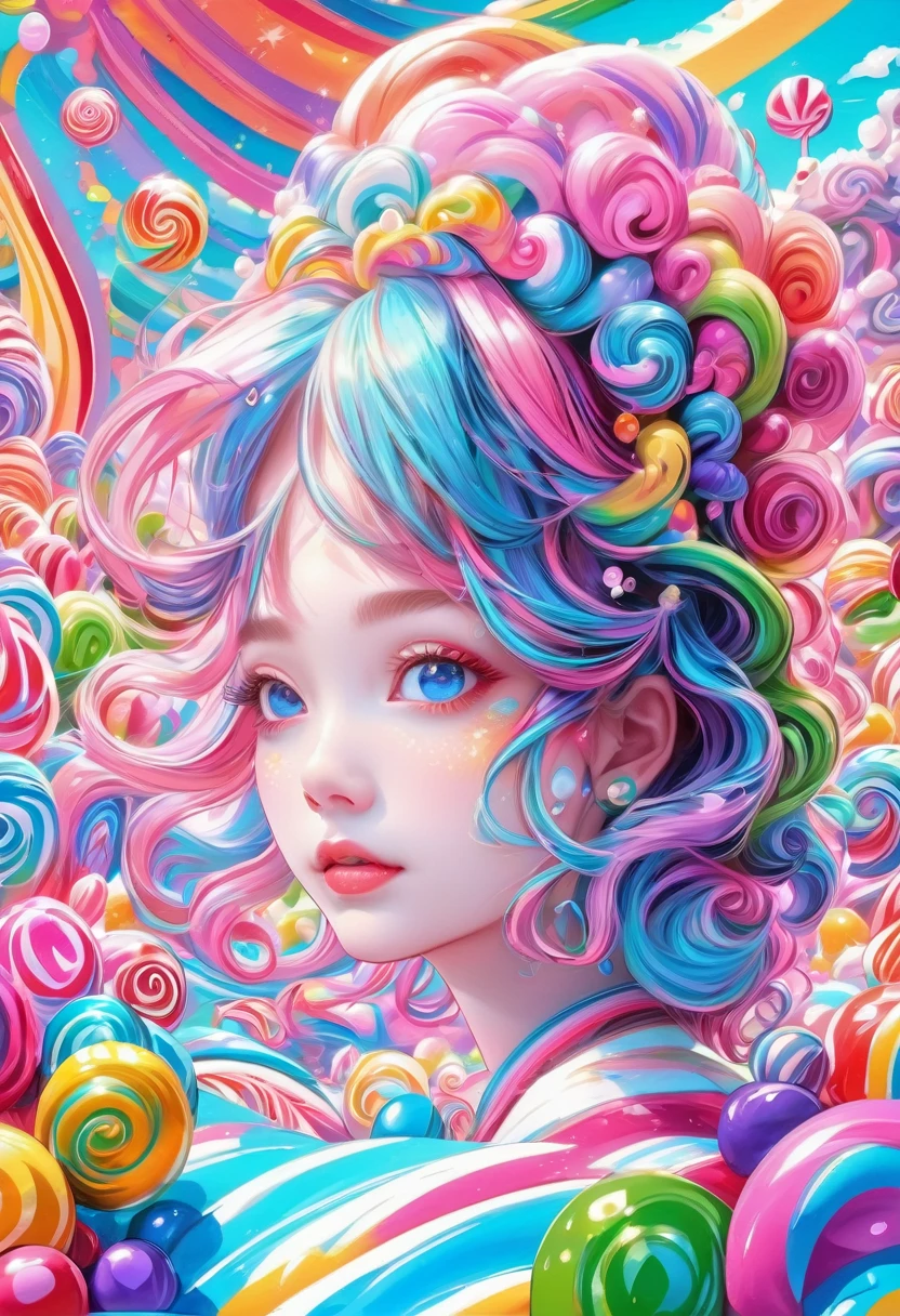 1girl, Candyland, aesthetic, vibrant colors Candyland wonderland gouache swirls detailed Candy art style! Whimsical playful colorful! candy!!! 🍬🍭 Candyland art!! “Hyperrealistic hyperdetailed highly detailed, digital illustration” postmodernism, artstation, poster art, dynamic lighting, cel-shaded, ray tracing reflections