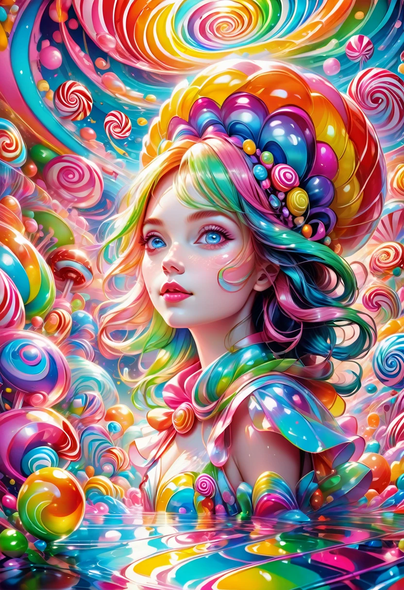 1girl, Candyland, aesthetic, vibrant colors Candyland wonderland gouache swirls detailed Candy art style! Whimsical playful colorful! candy!!! 🍬🍭 Candyland art!! “Hyperrealistic hyperdetailed highly detailed, digital illustration” postmodernism, artstation, poster art, dynamic lighting, cel-shaded, ray tracing reflections