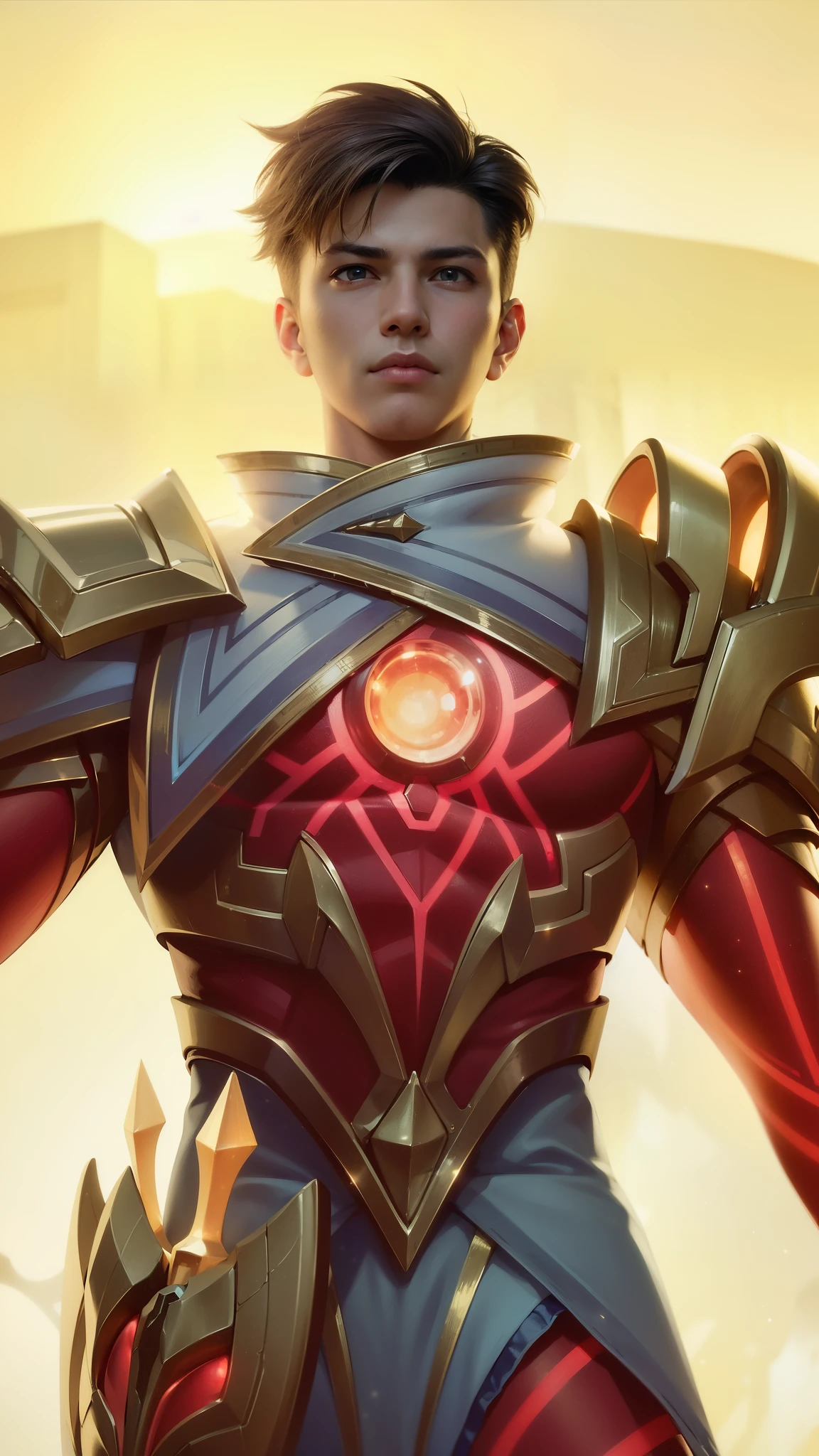 a close up of a boy in a suit with a glowing light, 8 k hd wallpaperjpeg artifact, 8k hd wallpaperjpeg artifact, artgerm detailed, fantasy rpg symmetrical portrait, paladin golden armor, guildwar artwork, extremely detailed artgerm, kaladesh concept art. mechanical, dressed in light armor, masterpiece, ((perfect eyes)) best quality, (semirealism:1.9), beautiful lighting, (extremely detailed CG unity 4k fhd wallpaper), High Detail, Sharp focus, dramatic outdoors, 1 boy ,19 years, light yellow eyes, 8k, ultra hd, ultra detailed texture, hyper realistic, masterpiece, detailed texture, detailed face, detailed skin, detailed lighting, (photorealistic:1.5), best quality, beautiful lighting, cinematic lighting, professional lighting, ultra highres, realistic, detailed hair, real hair, high quality, (realskin:1.5), extremely detailed, finely detail, ultra-detailed