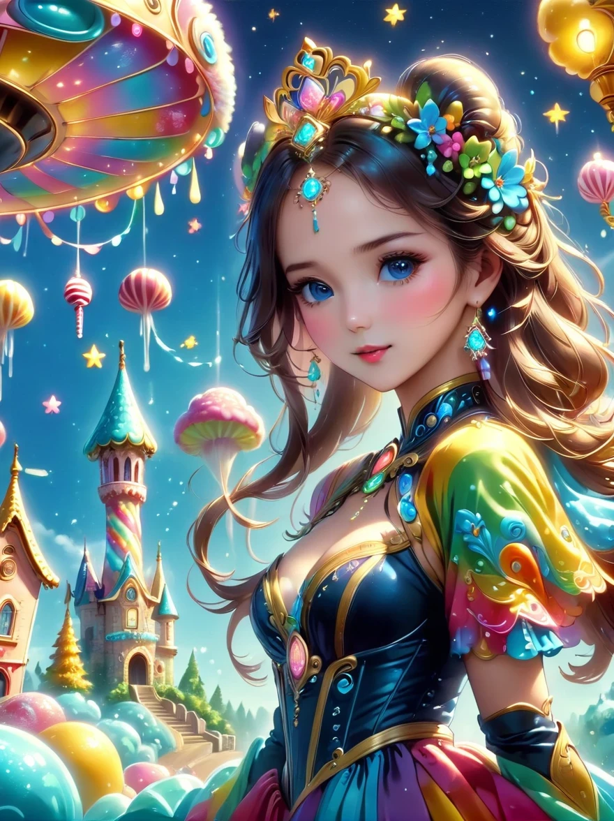 Disney World full of candy(Candy Princess:1.5),Beautiful Candy Princess,cute princess,beautiful big eyes, mischief_Smile, charming_full outfit, A full of fantasy candy wonderland,Vibrant,Colorful,Glittering sugar sculptures,Lollipop tree,Candy Cane Road,cotton candy cloud,A magical castle made of candy,candy fountain,Candy Rainbow Sky,The air is filled with laughter,A candy carousel,There are gummy bears and licorice horses,Candy theme rides and attractions,A chocolate river flows through the park,Candy theme characters,Ice Cream Hill,Bubblegum Beach,Candy wrappers blowing in the wind,A candy theme with confetti made of candy,Candy Princess dancing in a candy dress,Candy theme's fireworks lit up the night sky,The air is filled with a sweet aroma,Treasure those sugar-coated memories。(best quality,Super detailed,Reality,vivid colors,high dynamic range,candy theme,Full of fantasy,Vibrant,Magical Lights)