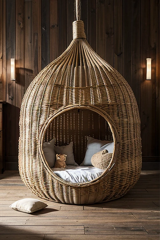 a snug and charming cat nest crafted from natural materials like woven rattan, soft faux fur lining the interior for comfort, a curved dome-shaped design with a wide entrance, adorned with playful dangling toys, evoking a sense of security and coziness, Sculpture, clay modeling, --ar 1:1 --v 5