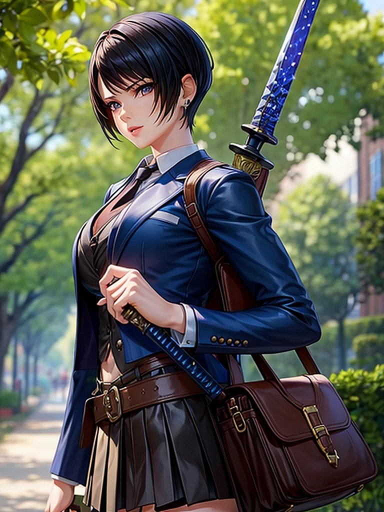 1girl, solo, looking at viewer, short hair, bangs, brown hair, shirt, long sleeves, brown eyes, , jacket, upper body, outdoors, parted lips, necktie, sky, day, bag, tree, lips, blazer, school bag, photo background,1girl, looking at viewer, short hair, blue eyes, navel, holding, jewelry, blue hair, weapon, earrings, sword, holding weapon, armor, multiple views, holding sword, reference sheet