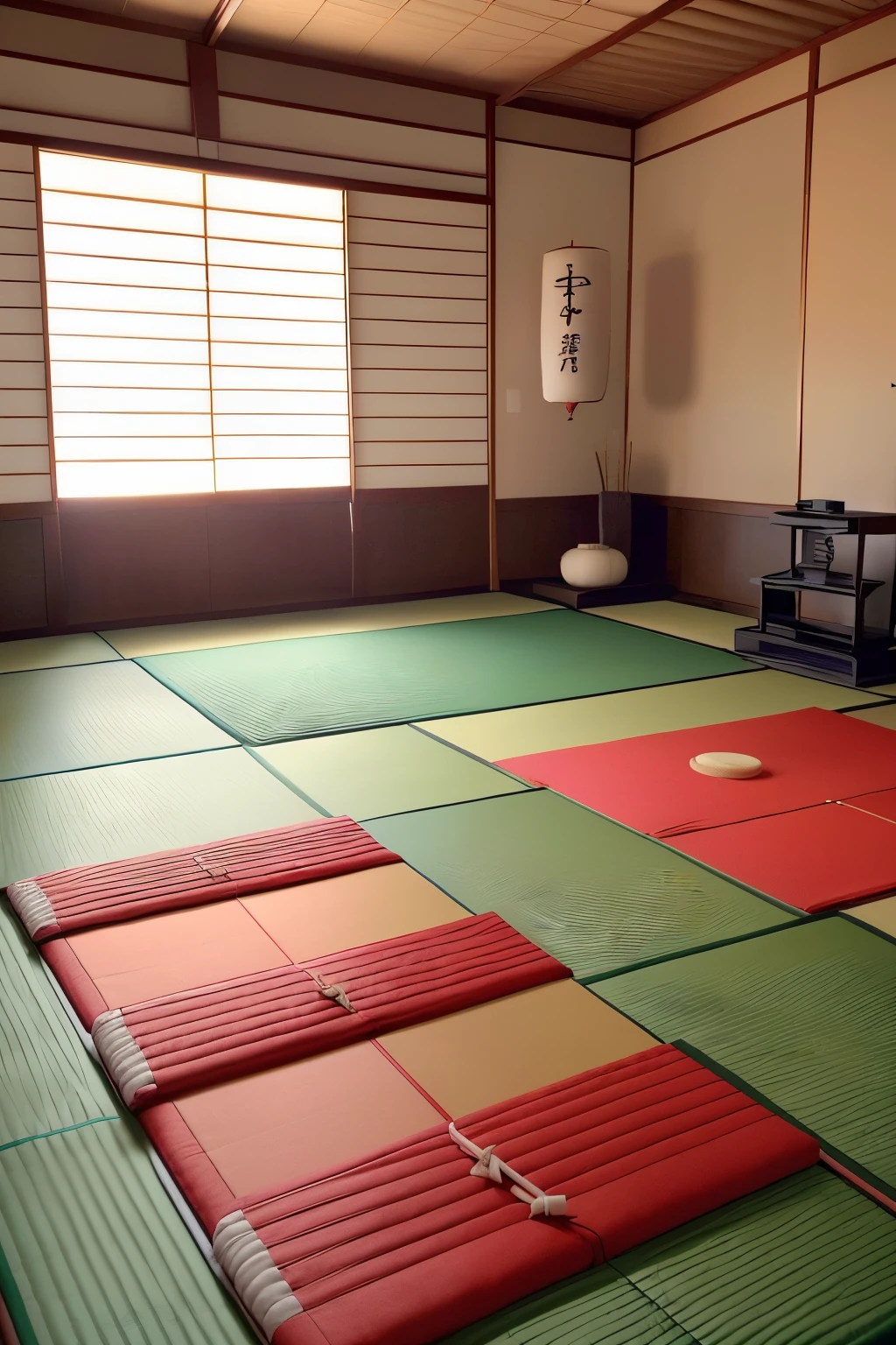 Photo of a Japanese dojo, (Authentic Japanese interior:1.3), (Serene atmosphere:1.2), Tatami mats, Shoji screens, (Dojo master:1.3, in traditional Gi:1.3, meditating:1.3), Disciplined students practicing, (Katana swords:1.3, sharp and polished:1.3, lined up against the wall:1.2), (Training equipment:1.3, punching bags, stationary dummies:1.3), (Folding fans:1.3, on the tatami mat:1.3), (Calligraphy scrolls:1.3