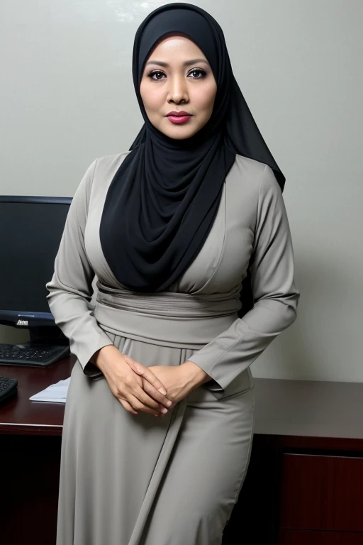 Indonesian milf, 40 years old, hijab, gamis, big breast at office, Dark light, at Nighttime, high heels, Seductive face.(full camera body)