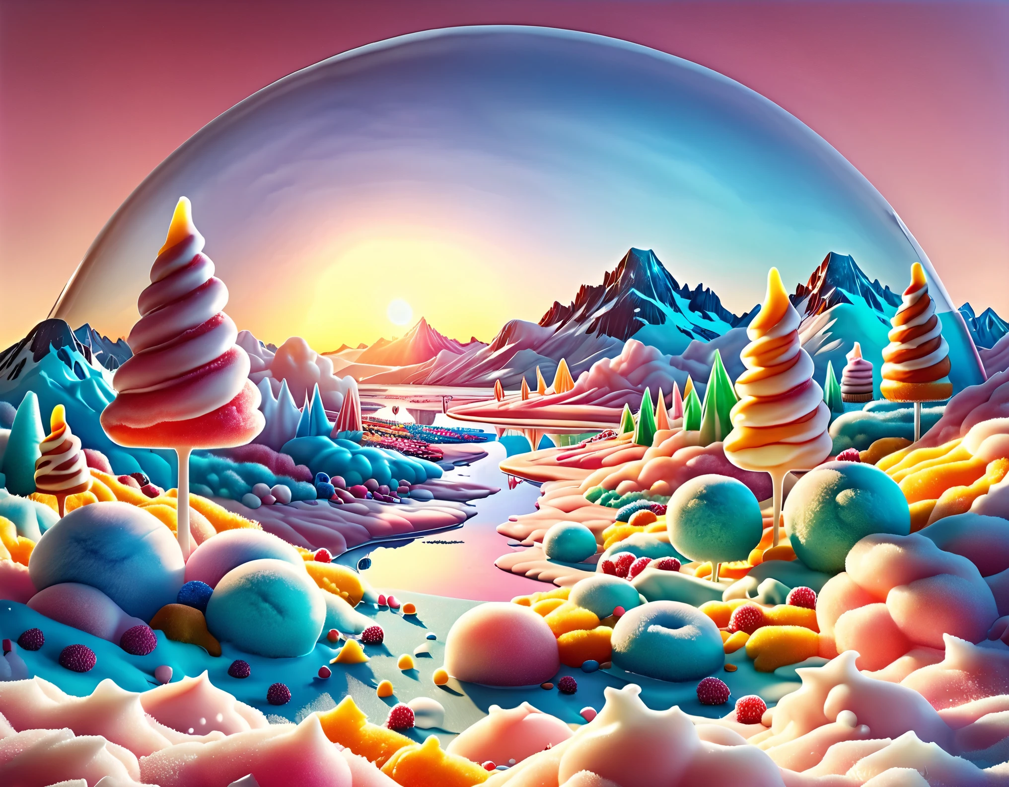 ((beautiful candy planet, floating in gelatin, you can see popsicle trees, rivers of icing, mountains of cakes, epic: 1.7)), long shot: 1.4, (masterpiece: 1.5), (Best quality: 1.6), (ultra high resolution:1.4), ((landscape, vibrant colors, sunrise, donut-shaped sun:1.7)), (( magical, Beautiful, dreamy idyllic:1.6 )), (( Best quality, vibrant, 32k, clear and well-defined shadows, sharpness in the image: 1.6)).