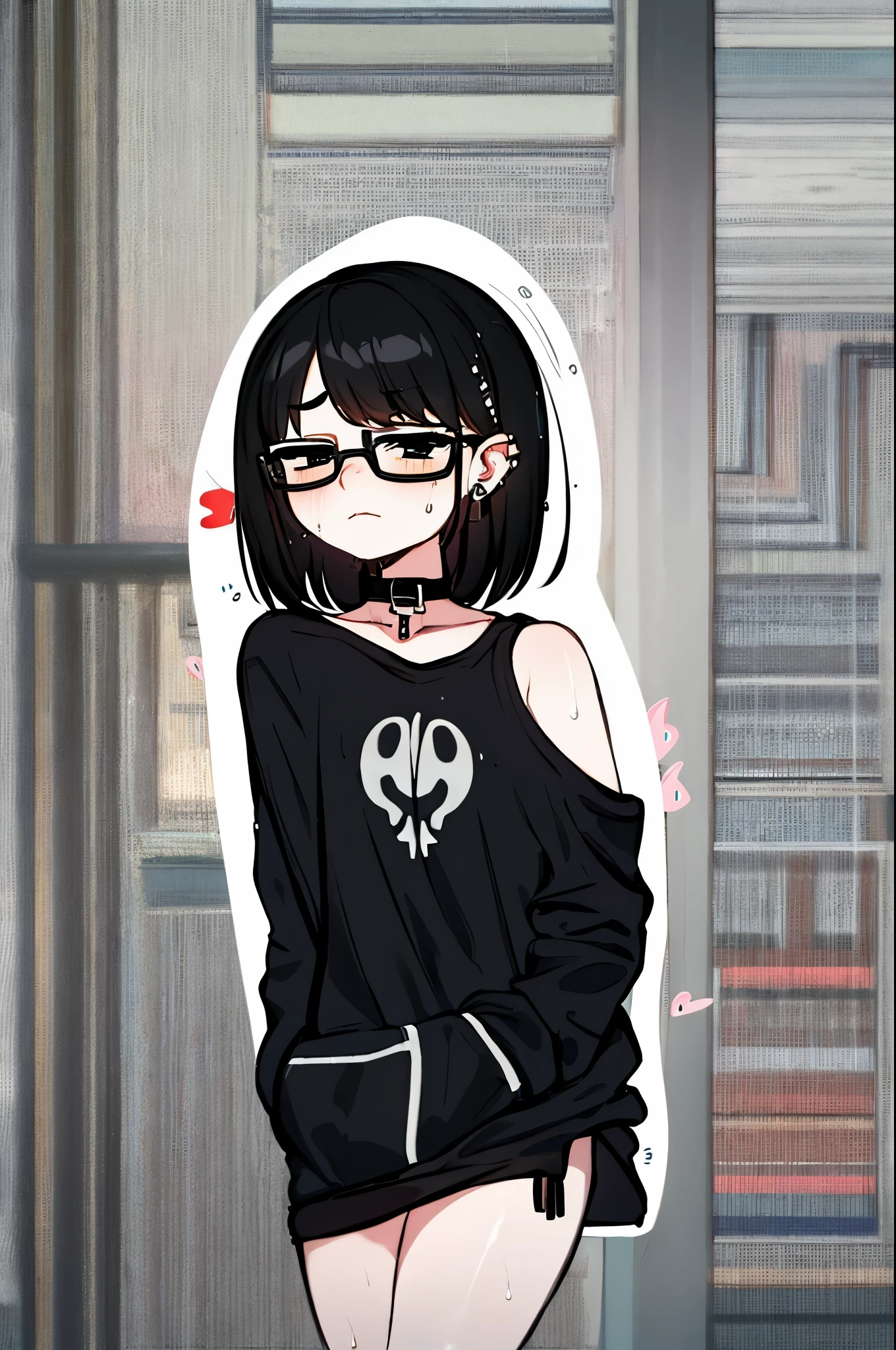 (masterpiece), best quality, expressive eyes, highres, anatomically correct, 1girl, perfect face, perfect hands, female, pale, glasses, straight hair, blunt bangs, black hair, bob cut hair, black eyes, glasses, weak, tired, small breasts, graphic t-shirt, gothic, emo, goth, exposed left shoulder, piercings, ear piercings, lip piercings, fatigue, eye-bags, sore, blank eyes, expressionless, weak, bored face, bored eyes, swept bangs, choker, standing, freaked out, shocked, nervous, stressed, sweating, black hair, black eyes, wet shirt, black jacket,
