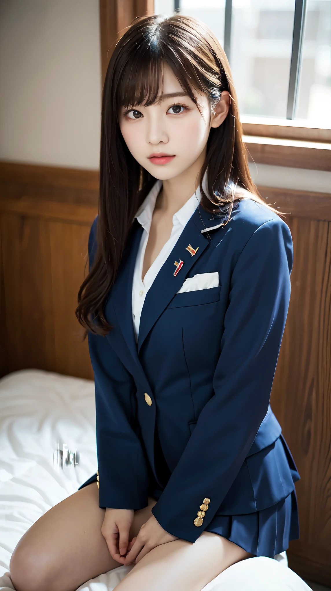 Graduation Ceremony、high school girl、uniform 、navy blue blazer、Bedroom、on the bed、perfect proportions、cute、((18 year old female:1.ung adorable japanese face,official art,Highly detailed CG Unity 8K wallpaper,(masterpiece:1.0),(highest quality:1.0), 超A high resolution,4k,Super detailed, photo shoot, 8K, nffsw, High resolution, kodak portrait 400, film grain, lens flare glow,高いest quality,8K,nffsw:1.2),portrait shot,8K、view viewer, view from above