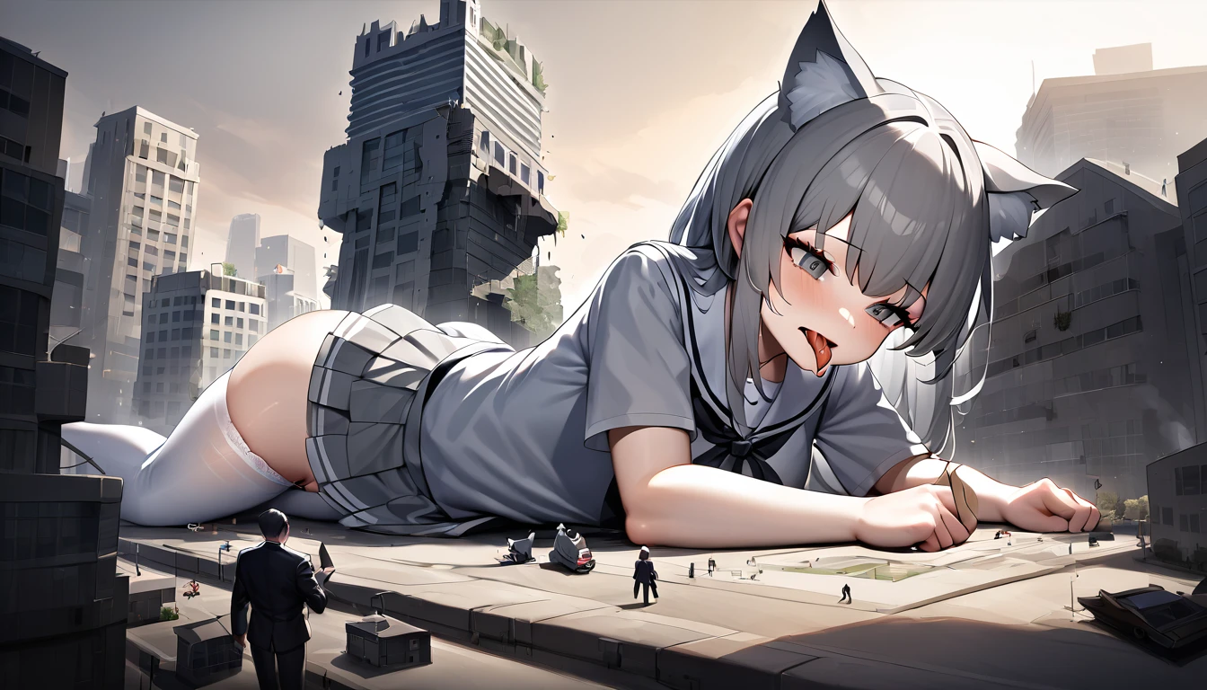 huge,age girl,short skirt,teasing,A giant girl taller than a building,Wearing white stockings,Lying on his stomach,Face down,Sticking out the tongue,Licking the miniature building,Toyed around,shrouded in the villain,Lifted up the skirt,arroganthuge,gray hair,Gray cat ears,Teengirl,short skirt,Teasing the villain,A giant girl taller than a building,arrogant,Wearing white panties
