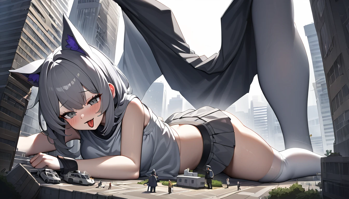 huge，Teenage girl，short skirt，teasing，A giant girl taller than a building，Wearing white stockings，Lying on his stomach，Face down，Sticking out the tongue，Licking the miniature building，Toyed around，shrouded in the villain，Lifted up the skirt，arroganthuge，gray hair，Gray cat ears，Teenage girl，short skirt，Teasing the villain，A giant girl taller than a building，arrogant,Wearing white panties
