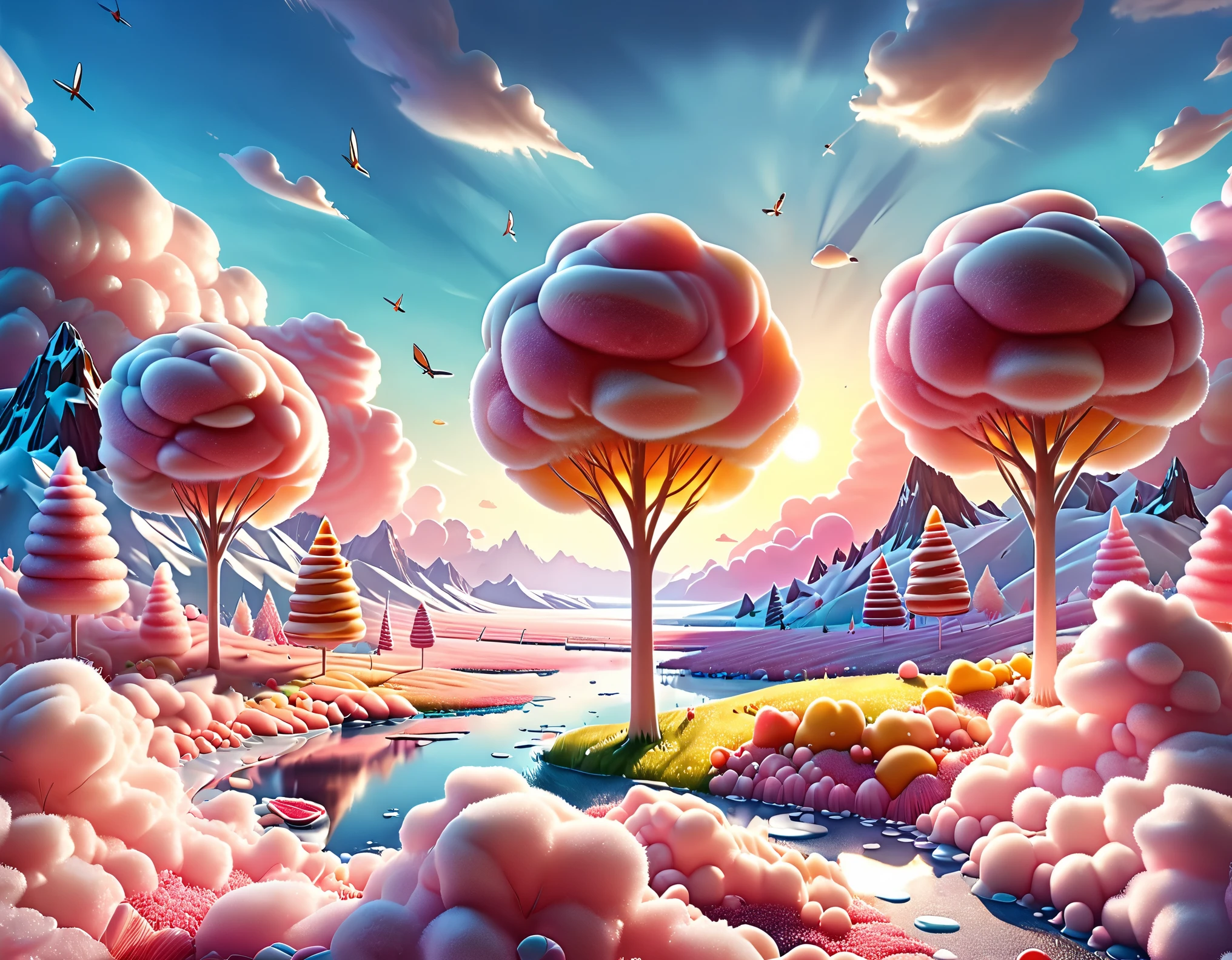 ((beautiful candy planet, floating in gelatin, you can see popsicle trees, rivers of icing, mountains of cakes, epic: 1.7)), long shot: 1.4, (masterpiece: 1.5), (Best quality: 1.6), (ultra high resolution:1.4), ((landscape, vibrant colors, sunrise, donut-shaped sun:1.7)), (( magical, Beautiful, dreamy idyllic:1.6 )), (( Best quality, vibrant, 32k, clear and well-defined shadows, sharpness in the image: 1.6)).