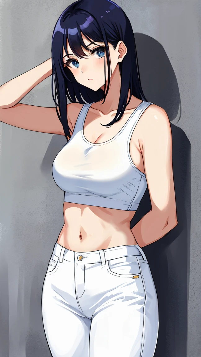 master part, Absurdo, 1girl, Hinata\(Shippuden\), sozinho,Serafuku, camiseta sem mangas, tight jeans, barriga de fora, middlebreasts,  pernas grossas, quadril largo, cintura fina, gostosa