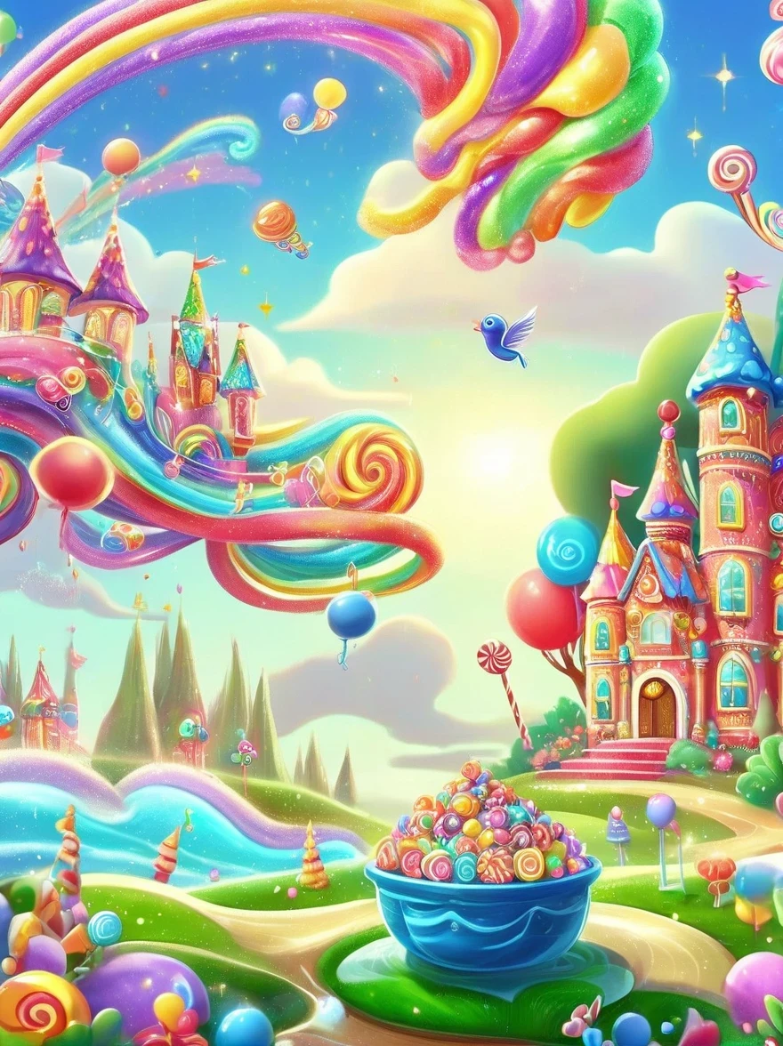 Disney World full of candy(Candy Princess:1.5),Beautiful Candy Princess,cute princess,beautiful big eyes, mischief_Smile, charming_full outfit, A full of fantasy candy wonderland,Vibrant,Colorful,Glittering sugar sculptures,Lollipop tree,Candy Cane Road,cotton candy cloud,A magical castle made of candy,candy fountain,Candy Rainbow Sky,The air is filled with laughter,A candy carousel,There are gummy bears and licorice horses,Candy theme rides and attractions,A chocolate river flows through the park,Candy theme characters,Ice Cream Hill,Bubblegum Beach,Candy wrappers blowing in the wind,A candy theme with confetti made of candy,Candy Princess dancing in a candy dress,Candy theme's fireworks lit up the night sky,The air is filled with a sweet aroma,Treasure those sugar-coated memories。(best quality,Super detailed,Reality,vivid colors,high dynamic range,candy theme,Full of fantasy,Vibrant,Magical Lights)
