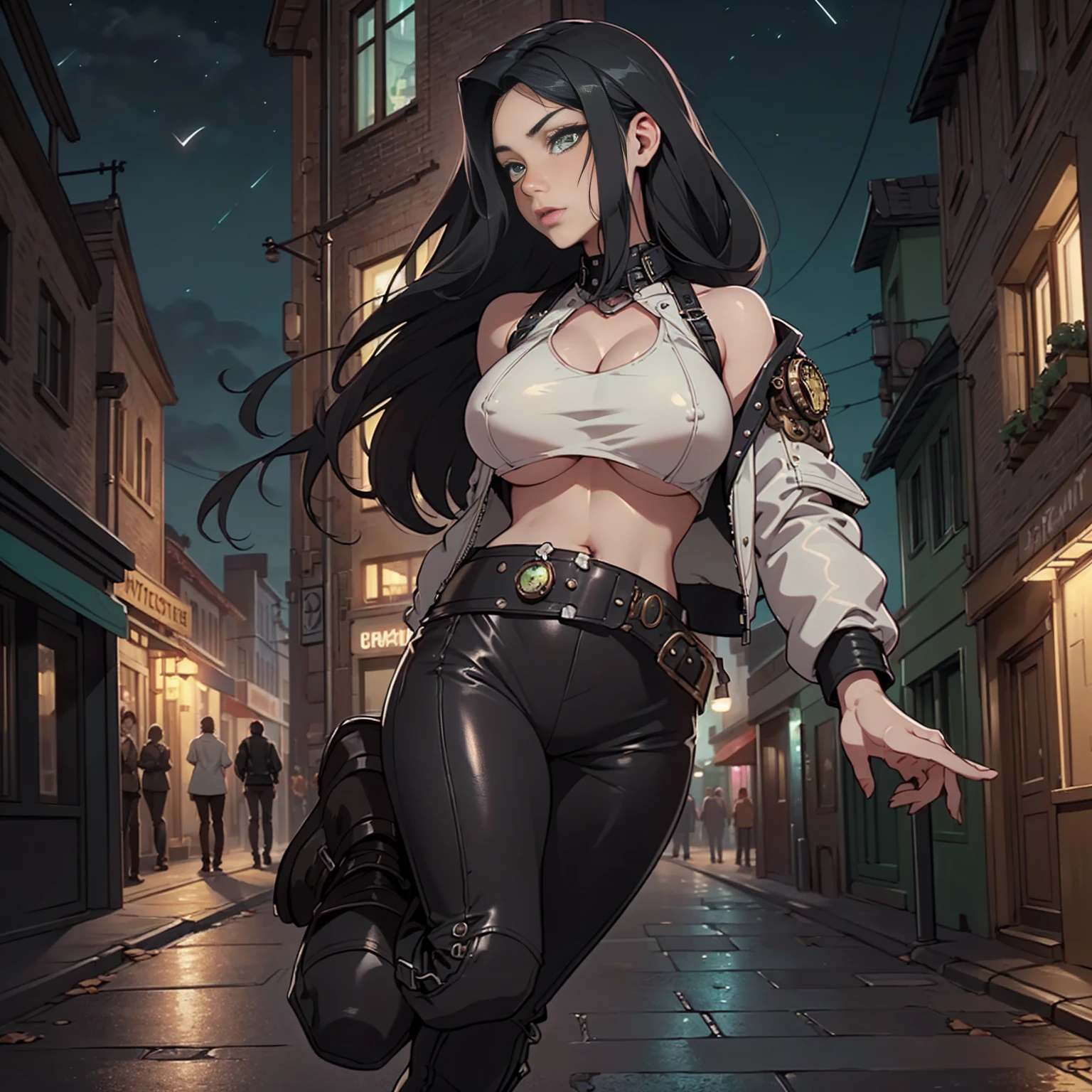 ((deep in the night, Need, 8K, tmasterpiece:1.3)),(realisticlying:1.4),RAW photogr,figure portrait,Very wide lens,closeup cleavage,(True skin texture:1.3),(filmgrain:1.3) Focalors:1.2, perfect figure beautiful woman:1.4, ((Long dark black bright hair, green eyes, huge tit:1.2 )), ((White crop top:1.4)(short black leather jacket) , cropped shoulders,black steampunk trausers, standing on your feet:1.2), ((steampunk city night scene, )), Highly detailed facial and skin texture, detailed