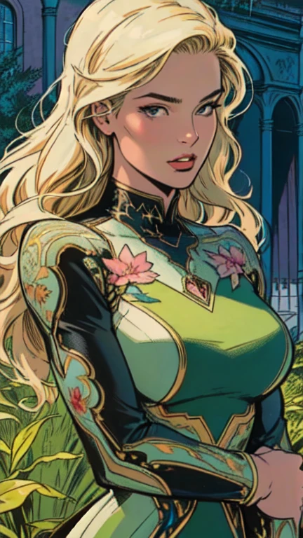 masterpiece,extremely beautiful woman,highly detailed beautiful face,big eyelahes,minimum waist,midi soft dress, straight blonde hair,excellent sense,American Comics,(((The Perfect One Woman))),(((one person))),colorful,highly detailed body,florish garden in the background