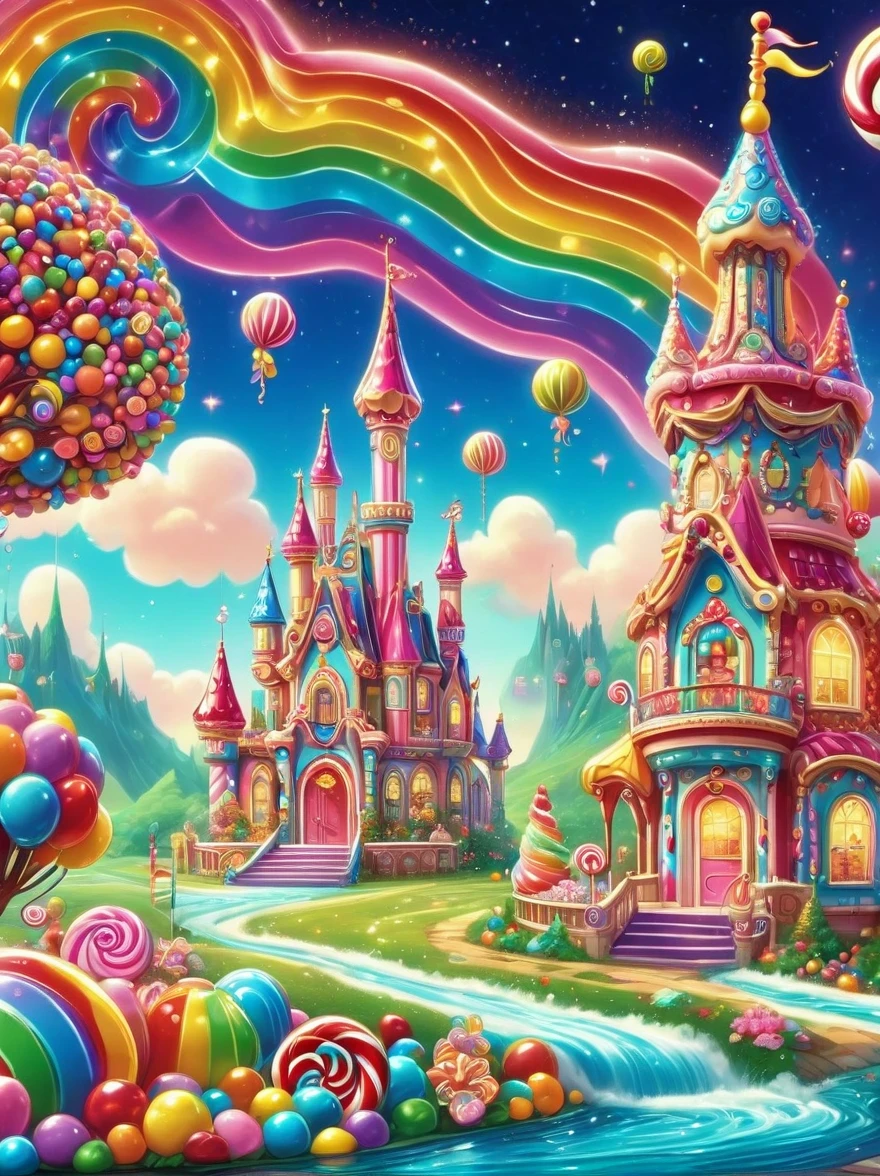 Disney World full of candy（Candy Princess：1.5），Beautiful Candy Princess，cute princess，beautiful big eyes, mischief_Smile, charming_full outfit, A full of fantasy candy wonderland，Vibrant，Colorful，Glittering sugar sculptures，Lollipop tree，Candy Cane Road，cotton candy cloud，A magical castle made of candy，candy fountain，Candy Rainbow Sky，The air is filled with laughter，A candy carousel，There are gummy bears and licorice horses，Candy theme rides and attractions，A chocolate river flows through the park，Candy theme characters，Ice Cream Hill，Bubblegum Beach，Candy wrappers blowing in the wind，A candy theme with confetti made of candy，Candy Princess dancing in a candy dress，Candy theme&#39;s fireworks lit up the night sky，The air is filled with a sweet aroma，Treasure those sugar-coated memories。（best quality，Super detailed，Reality，vivid colors，high dynamic range，candy theme，Full of fantasy，Vibrant，Magical Lights）